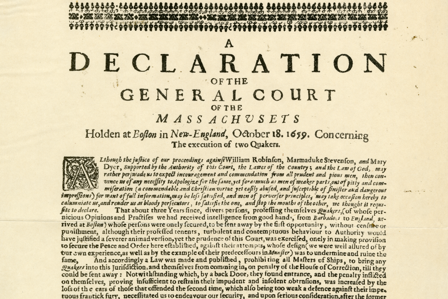 General Court declaration on Quakers after the executions of William Robinson and Marmaduke Stephenson