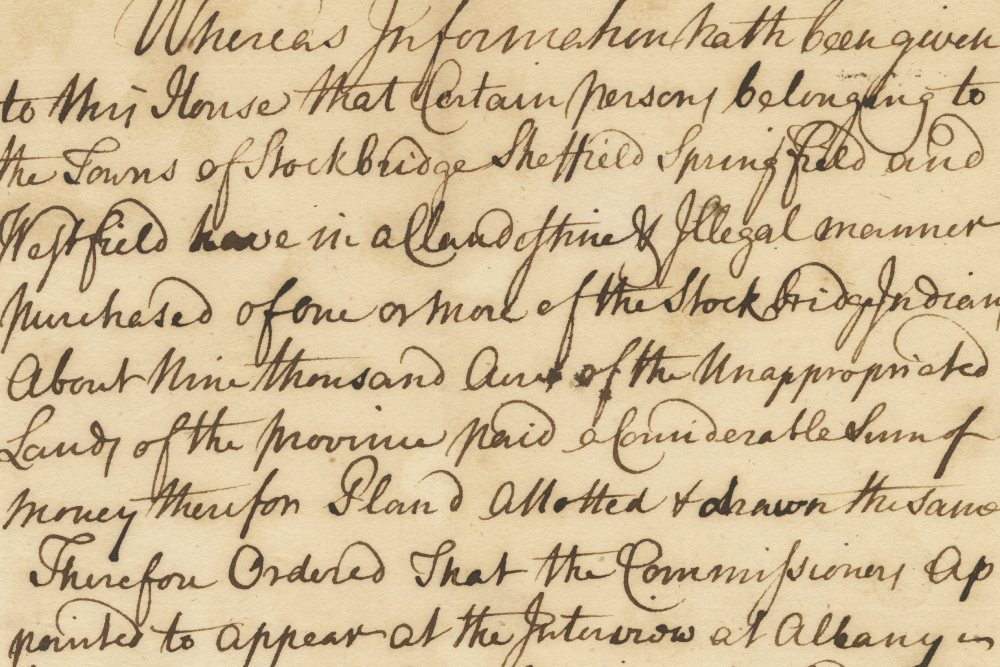 General court order that the commissioners at the Albany conference inquire into the illegal purchase of unappropriated province land from the Stockbridge Indians