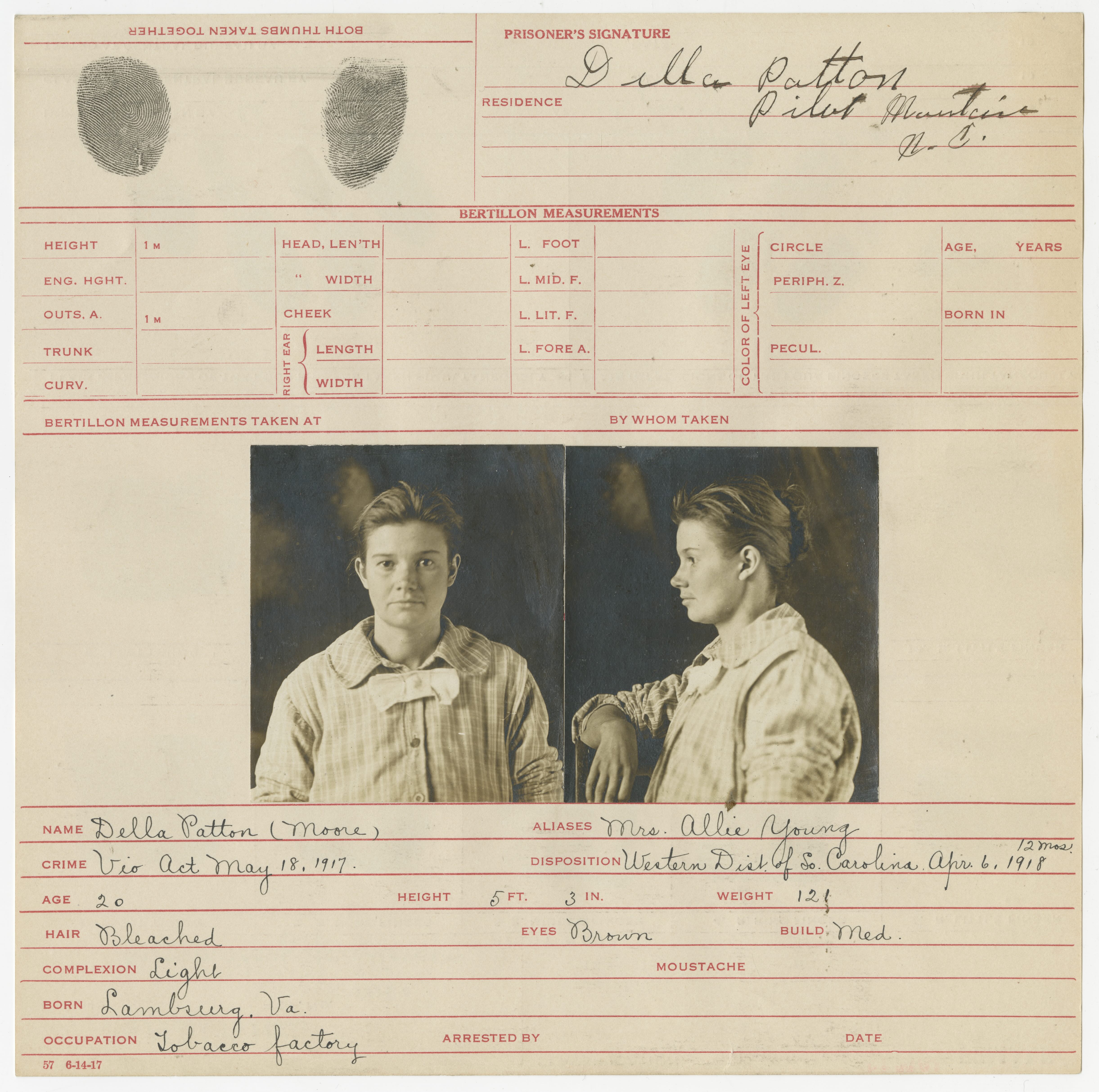 Bertillon card of Della Patton (#11160)