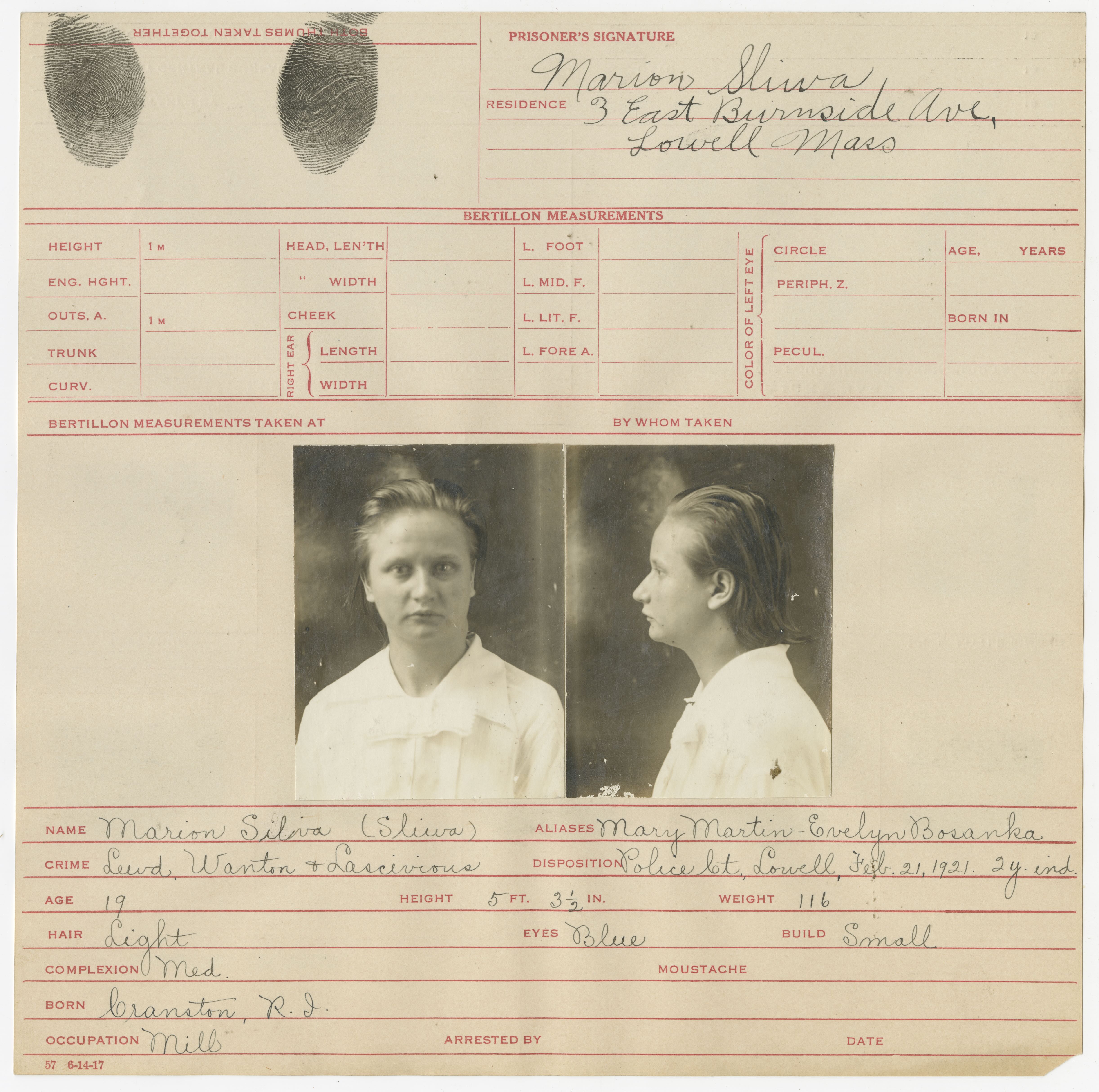 Bertillon card of Marion Sliva (#11707)