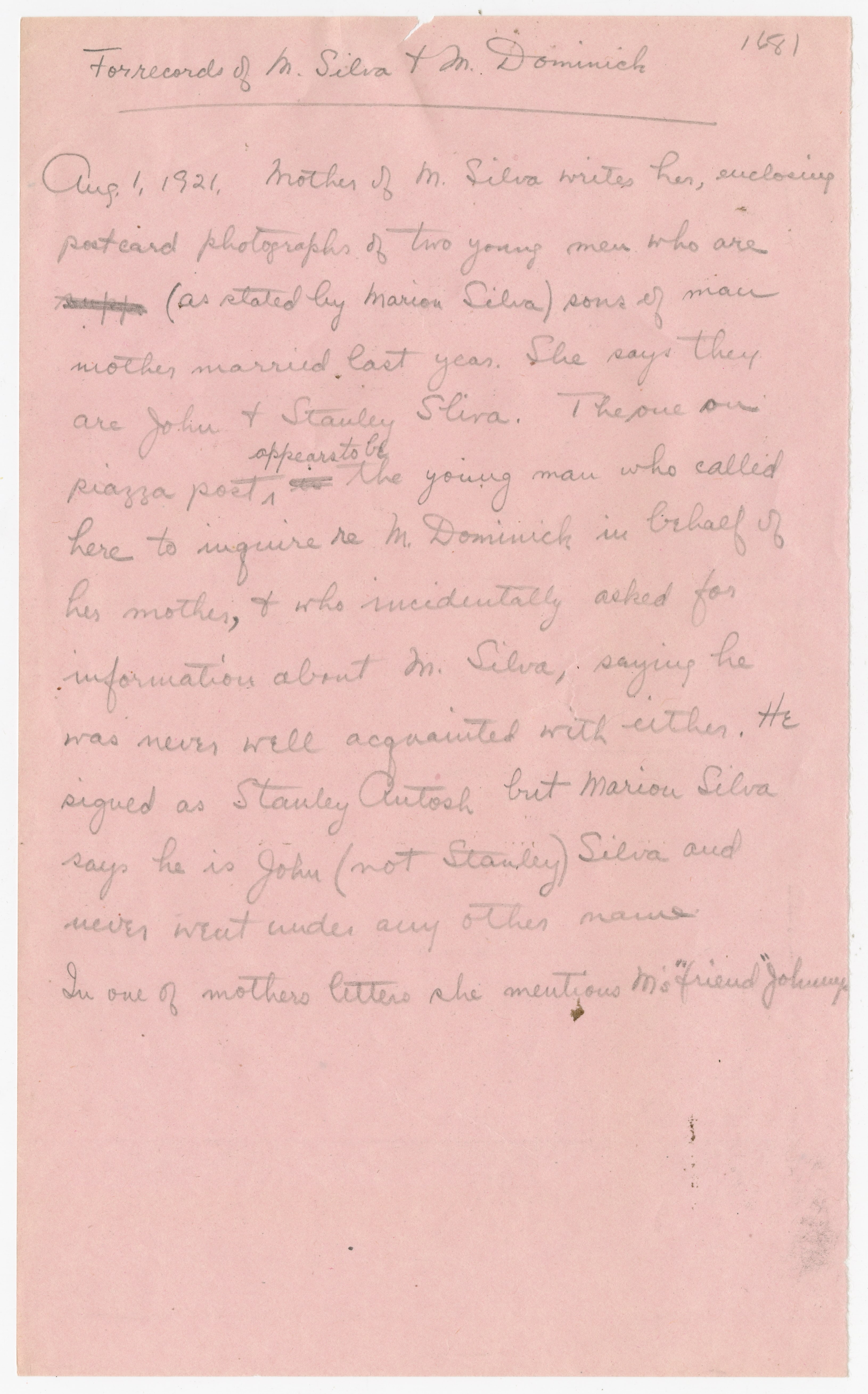 Note attached to two photographs in the case file of Marion Sliva (#11707)