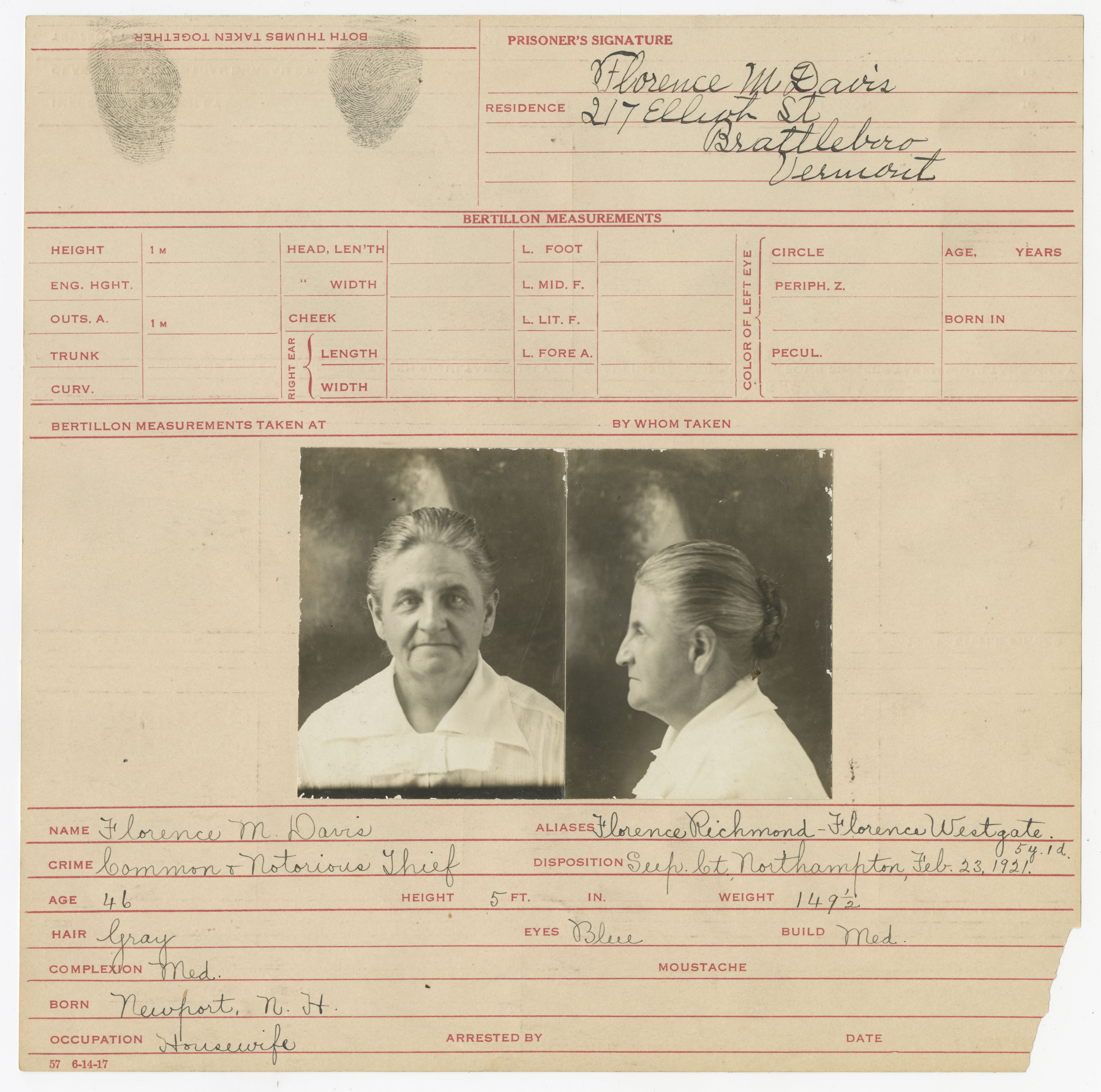 Bertillon card of Florence M. Davis (#11710)