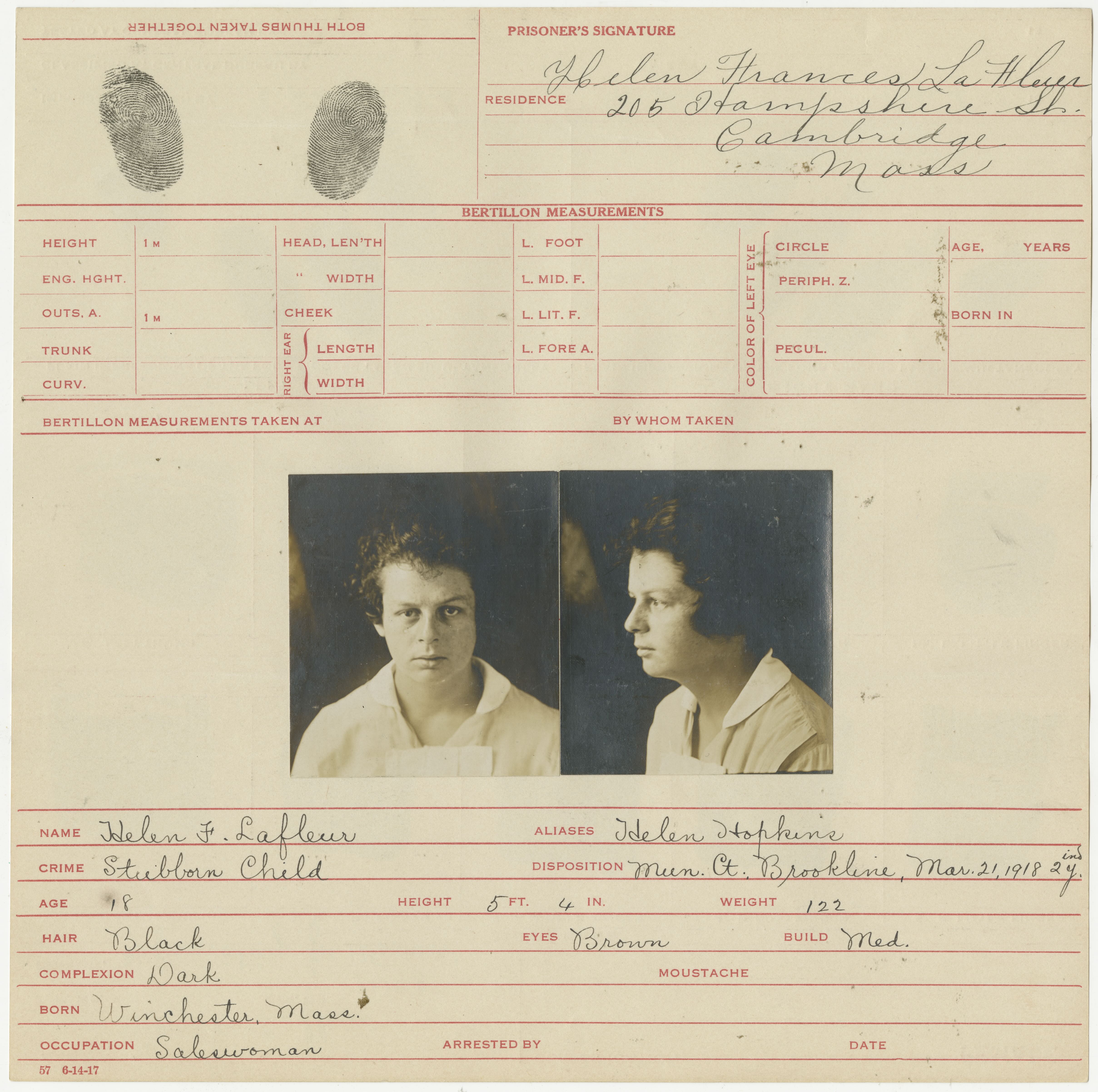 Bertillon card of Helen Frances LaFleur (#11140)