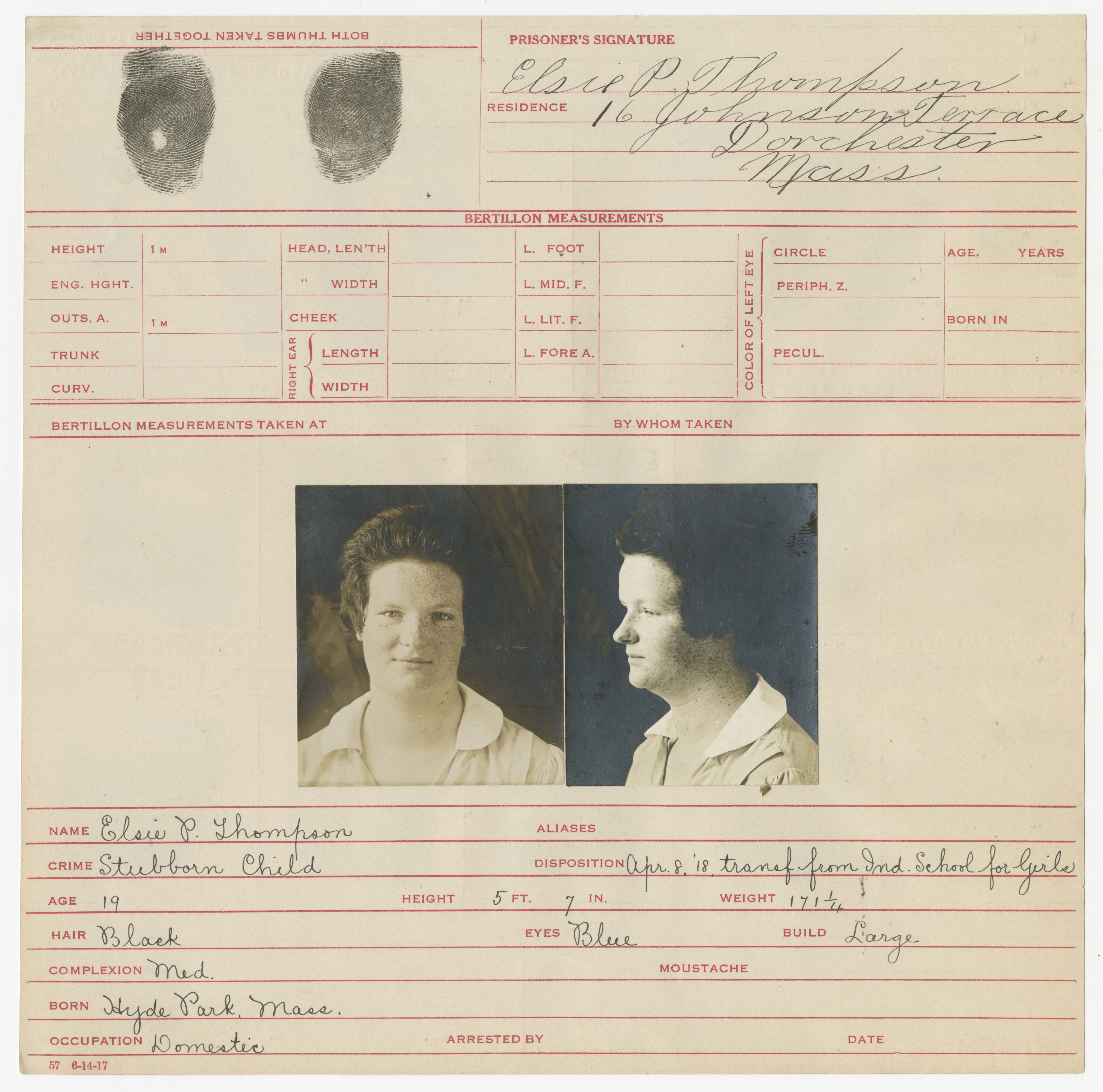 Bertillon card of Elsie P. Thompson (#11154)