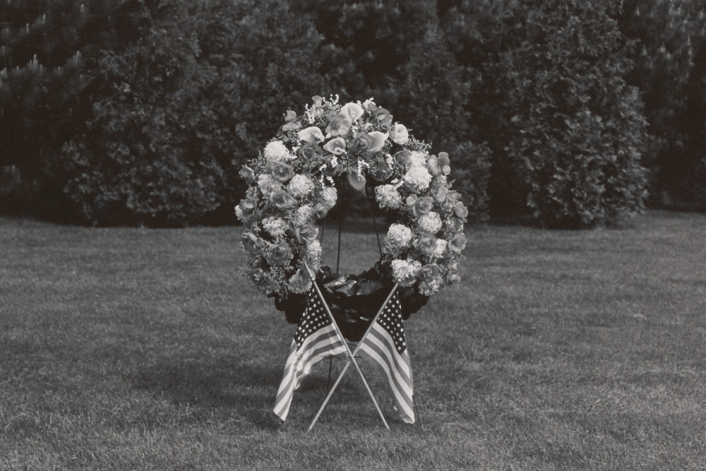 Floral wreath at memorial group as placed for May 30, 1940, Quabbin Park Cemetery, Ware, Mass., June 5, 1940, Quabbin Reservoir cemetery photographs, 1928-1945