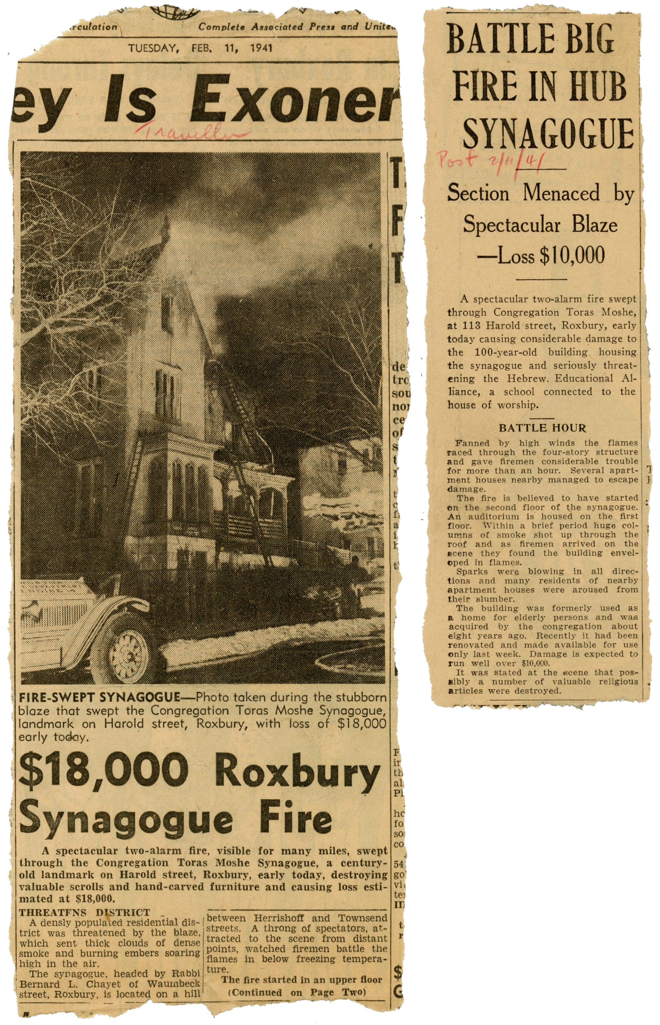 Congregation Toras Moshe Fire Newspaper Articles, 1941