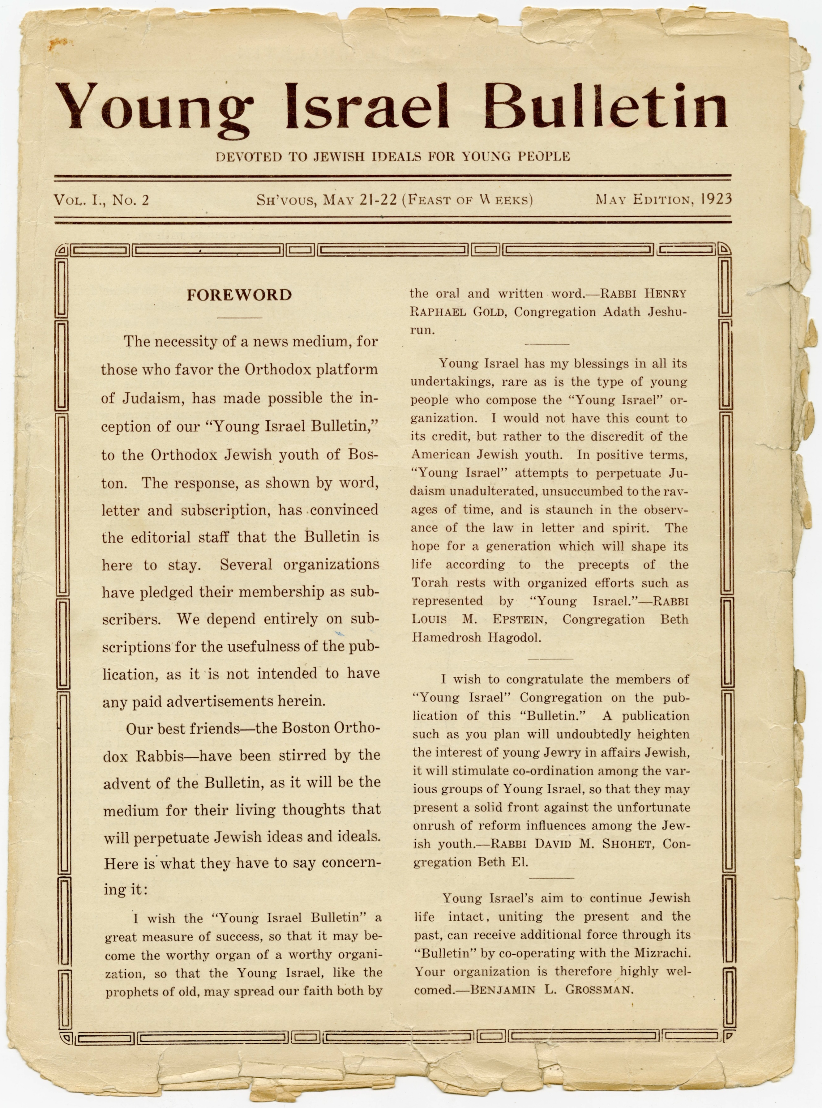 Young Israel Bulletin, 1923