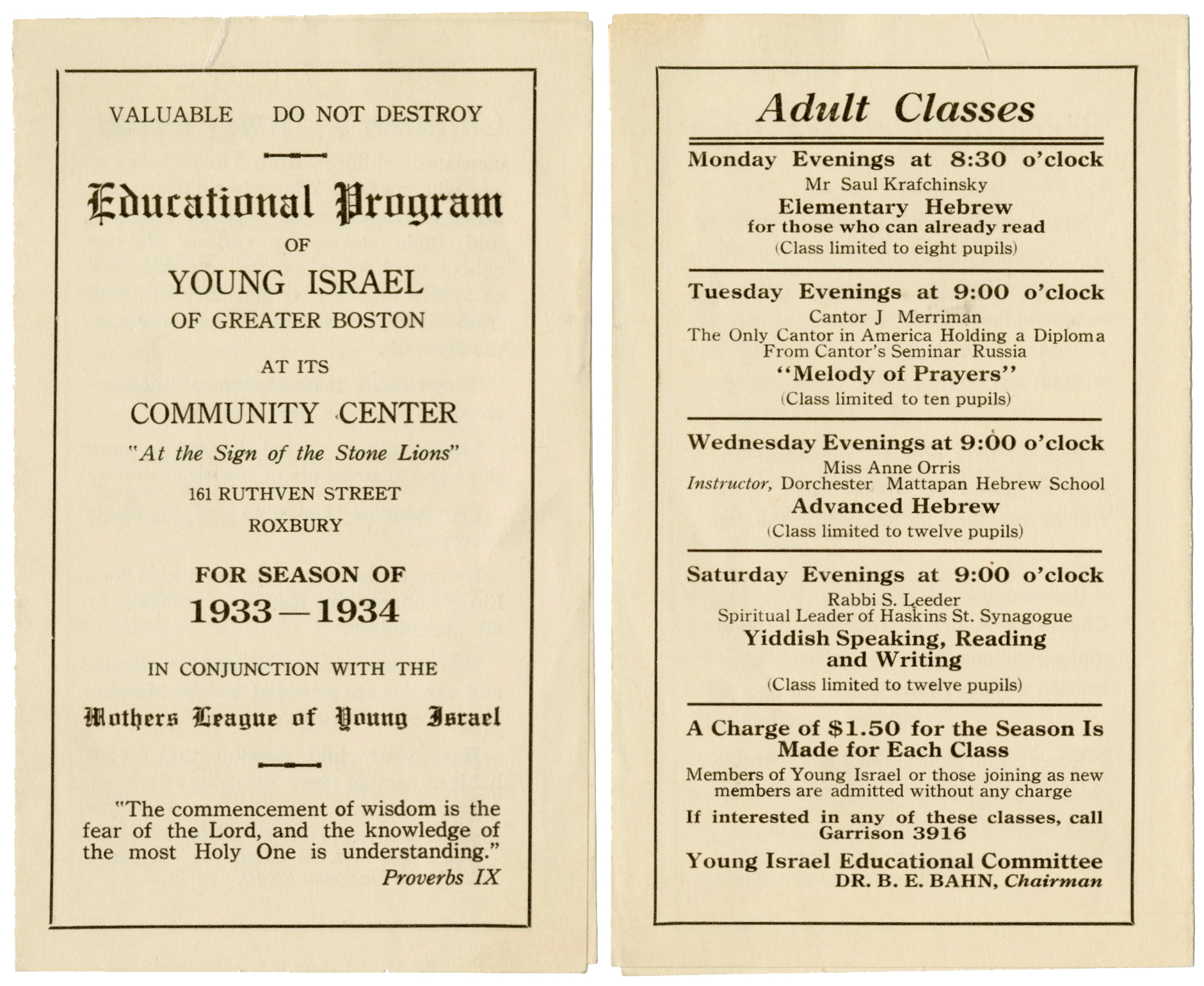 Young Israel Educational Program, 1933-1944