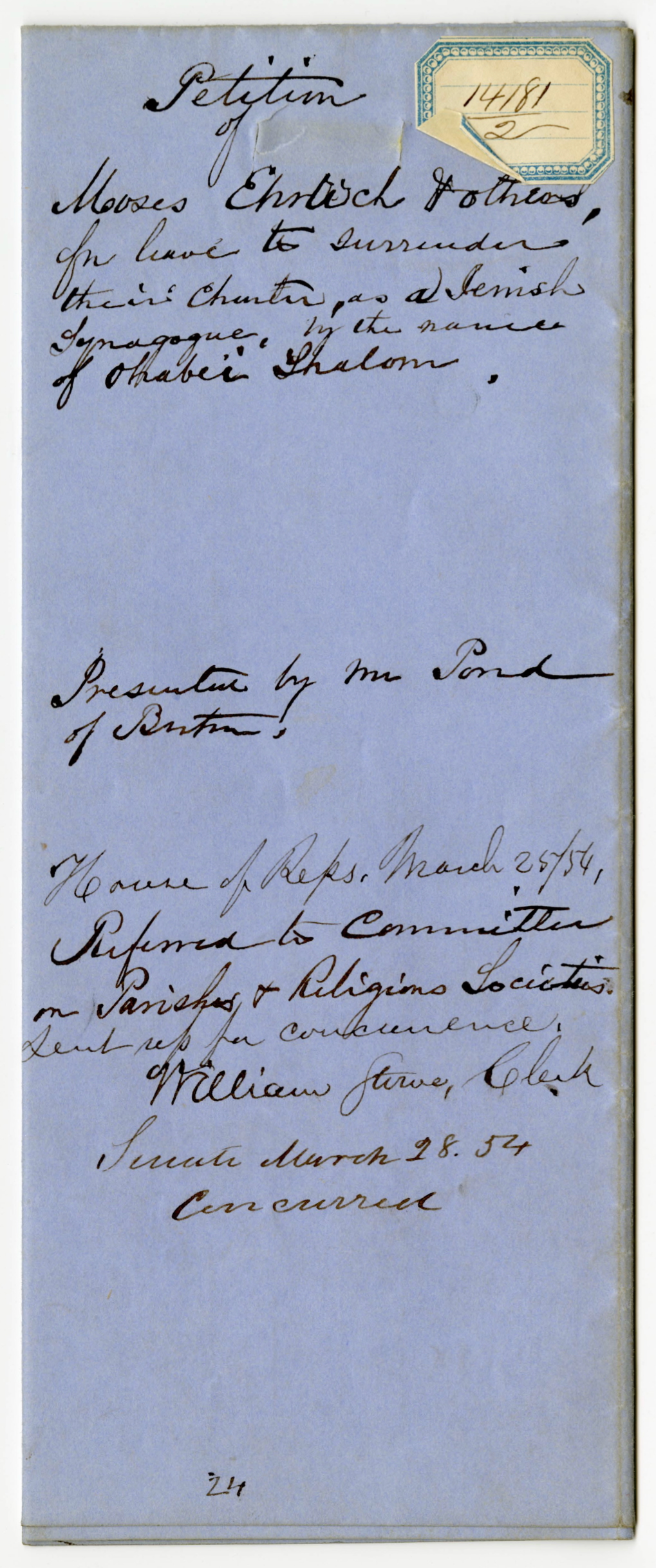 Petition of Moses Ehrlich: Senate Bill 14181, 1854