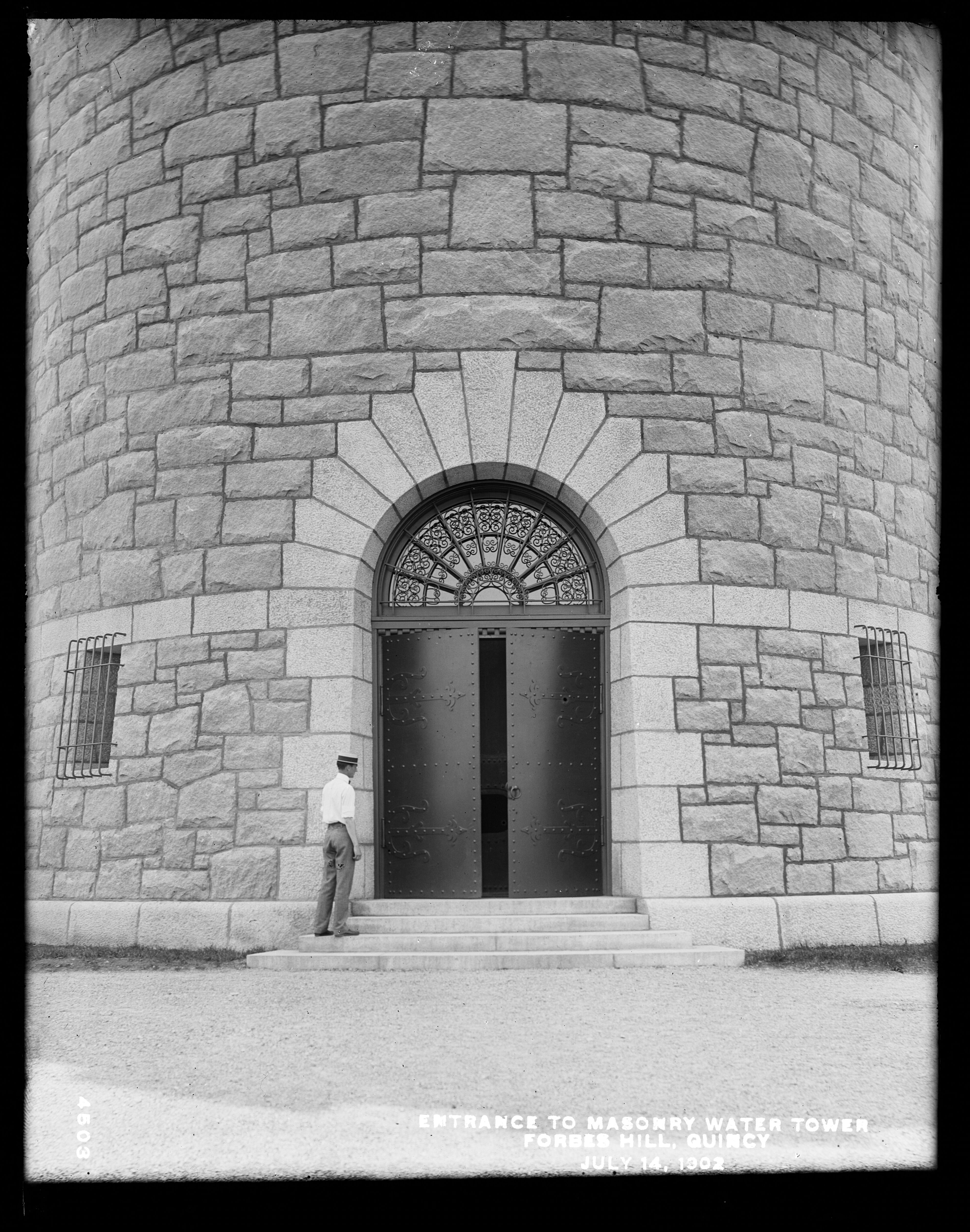 Distribution Department, Southern High Service Forbes Hill Reservoir, Entrance to Masonry Water Tower, Quincy, Mass., Jul. 14, 1902