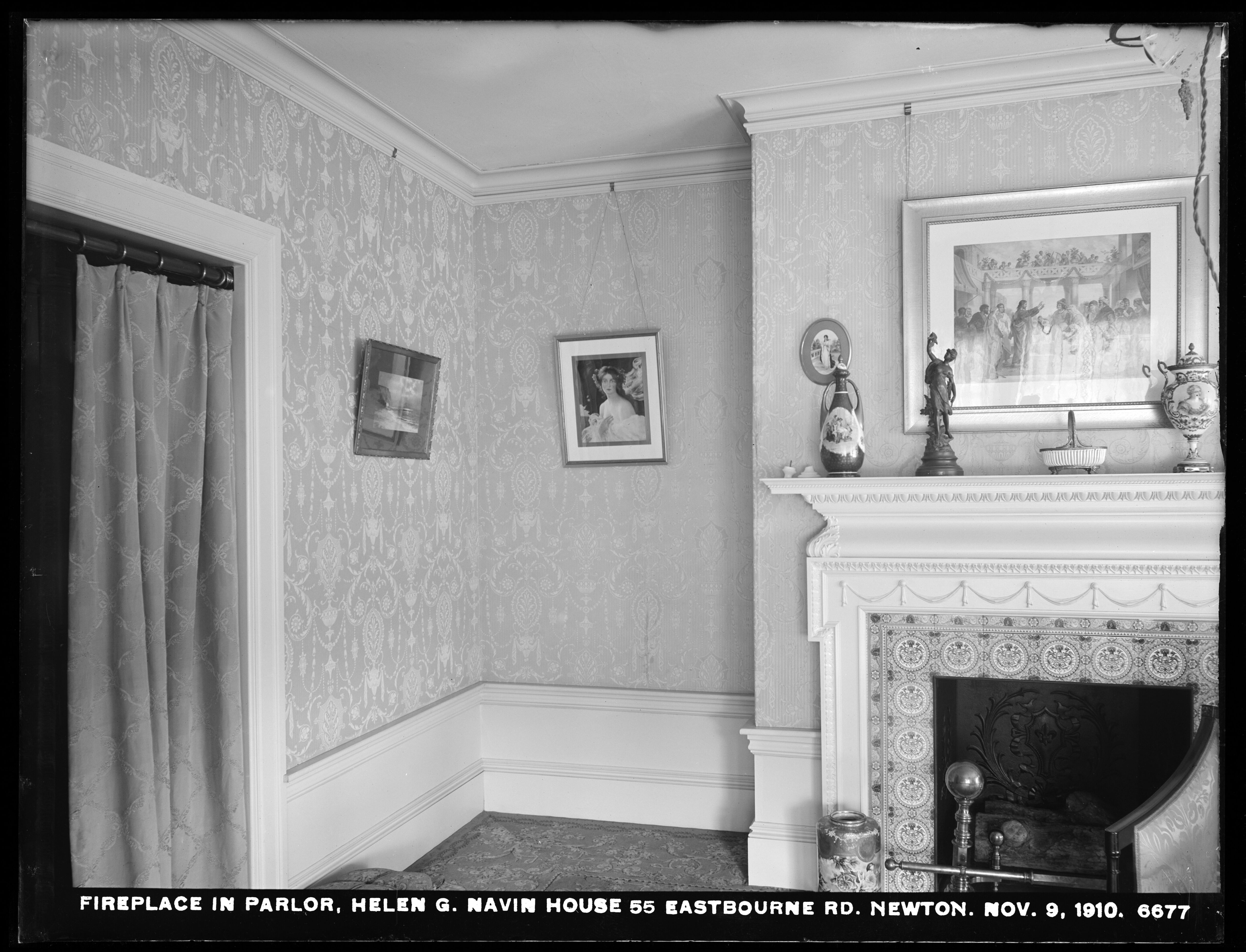 Distribution Department, Weston Aqueduct Supply Mains, Fireplace in Parlor, Helen G. Navin's house, 55 Eastbourne Road, Newton, Mass., Nov. 9, 1910