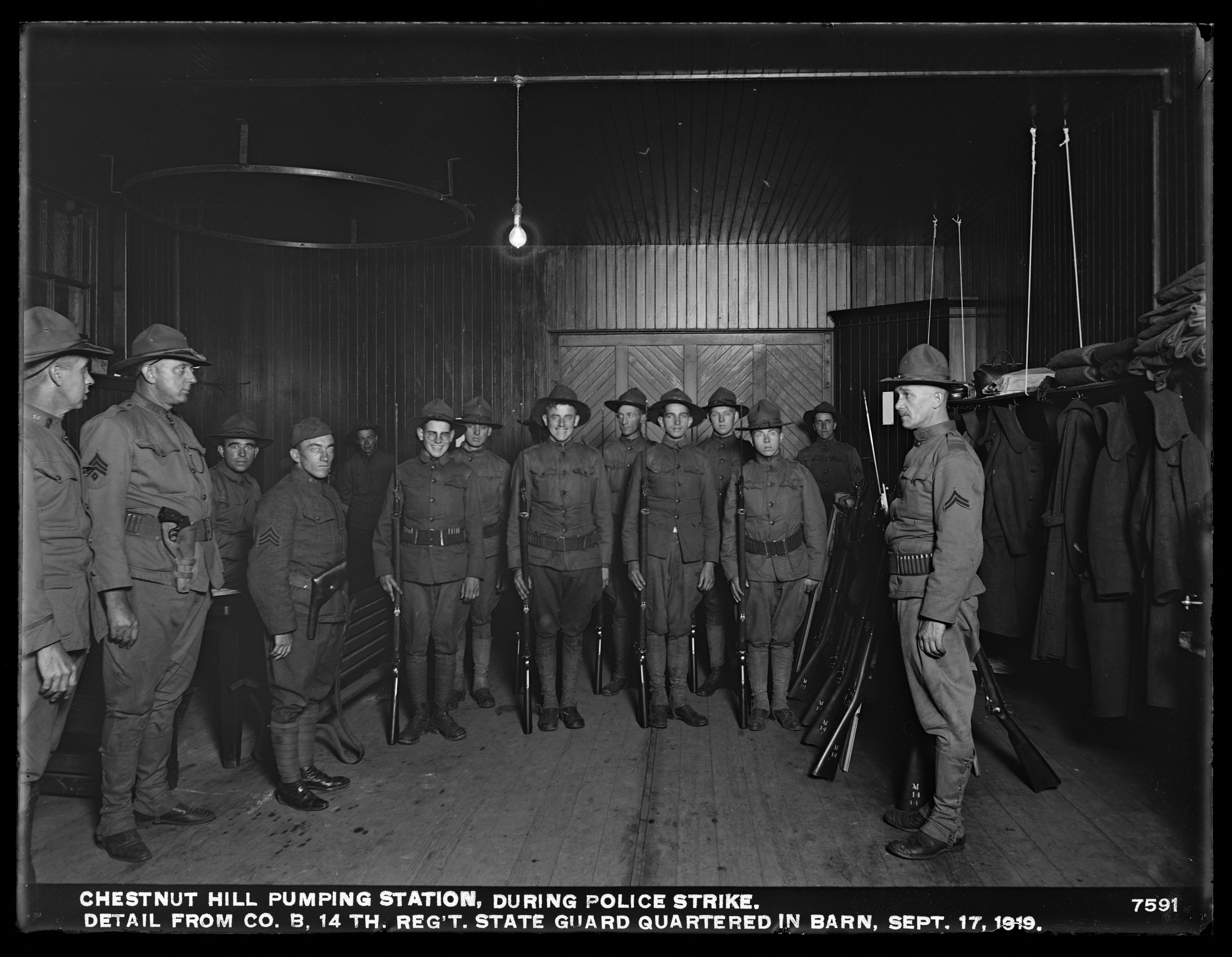 Chestnut Hill Pumping Station, During Boston Police Strike, Detail from Company B, 14th Regiment, State Guard, Quartered in Barn, Brighton, Mass., Sep. 17, 1919