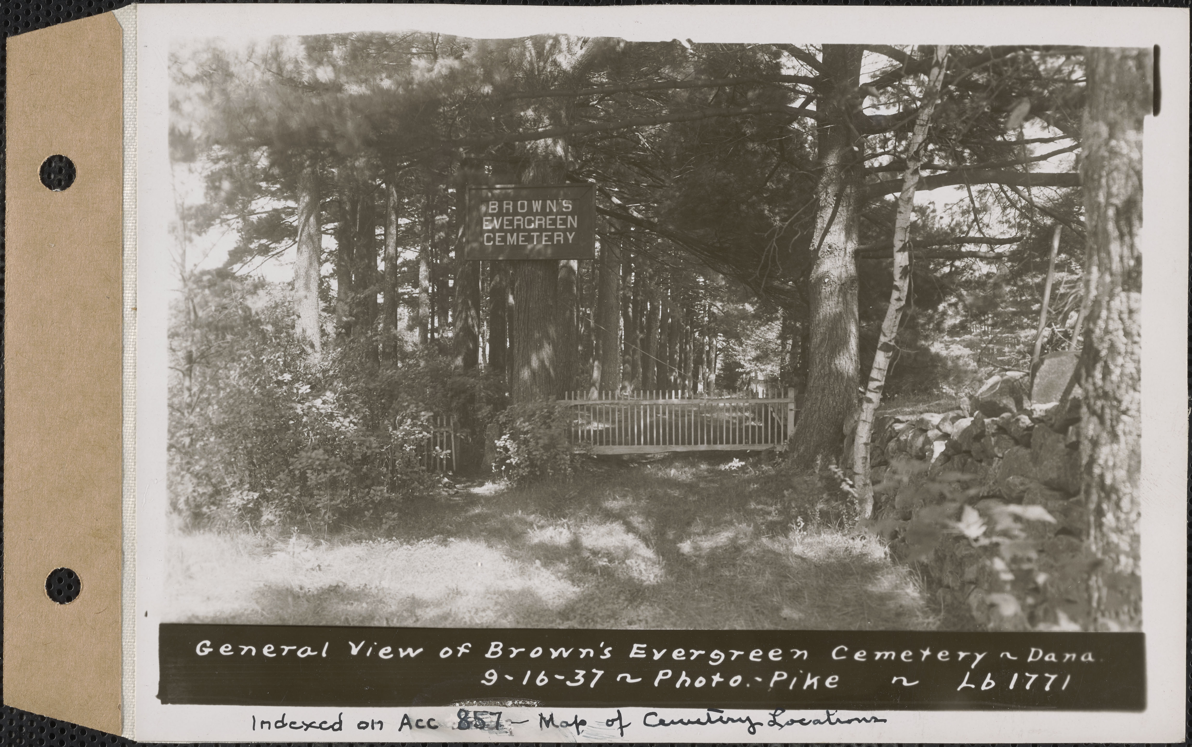 General View of Brown's Evergreen Cemetery, Dana, Mass., Sept. 16, 1937: Indexed on Acc. 857, Map of Cemetery Locations