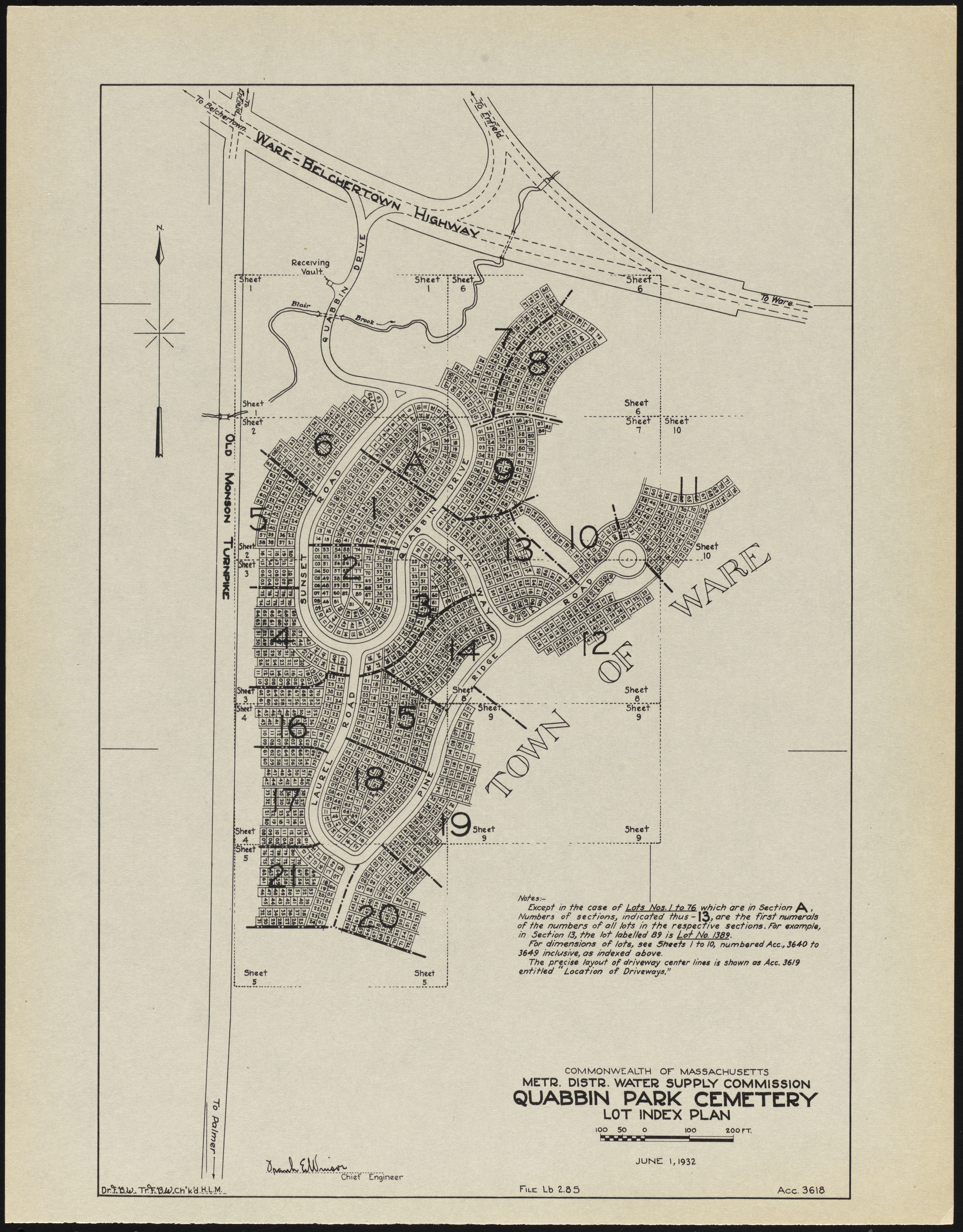 Quabbin Park Cemetery, Lot Index Plan, Ware, Mass., June 1, 1932