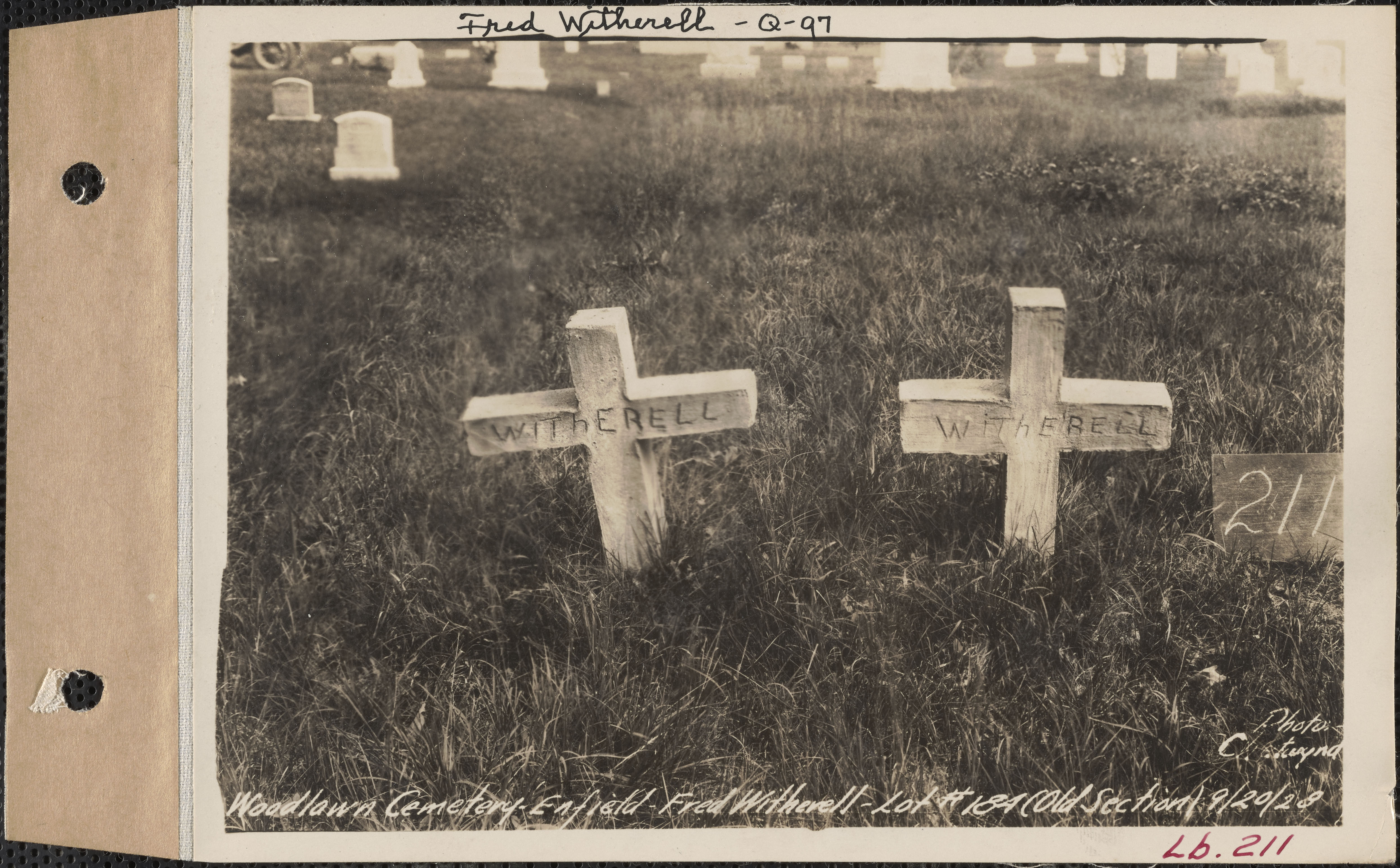 Fred Witherell, Woodlawn Cemetery, Old Section, Lot 184, Enfield, Mass., Sept. 20, 1928: Fred Witherell, Q-97