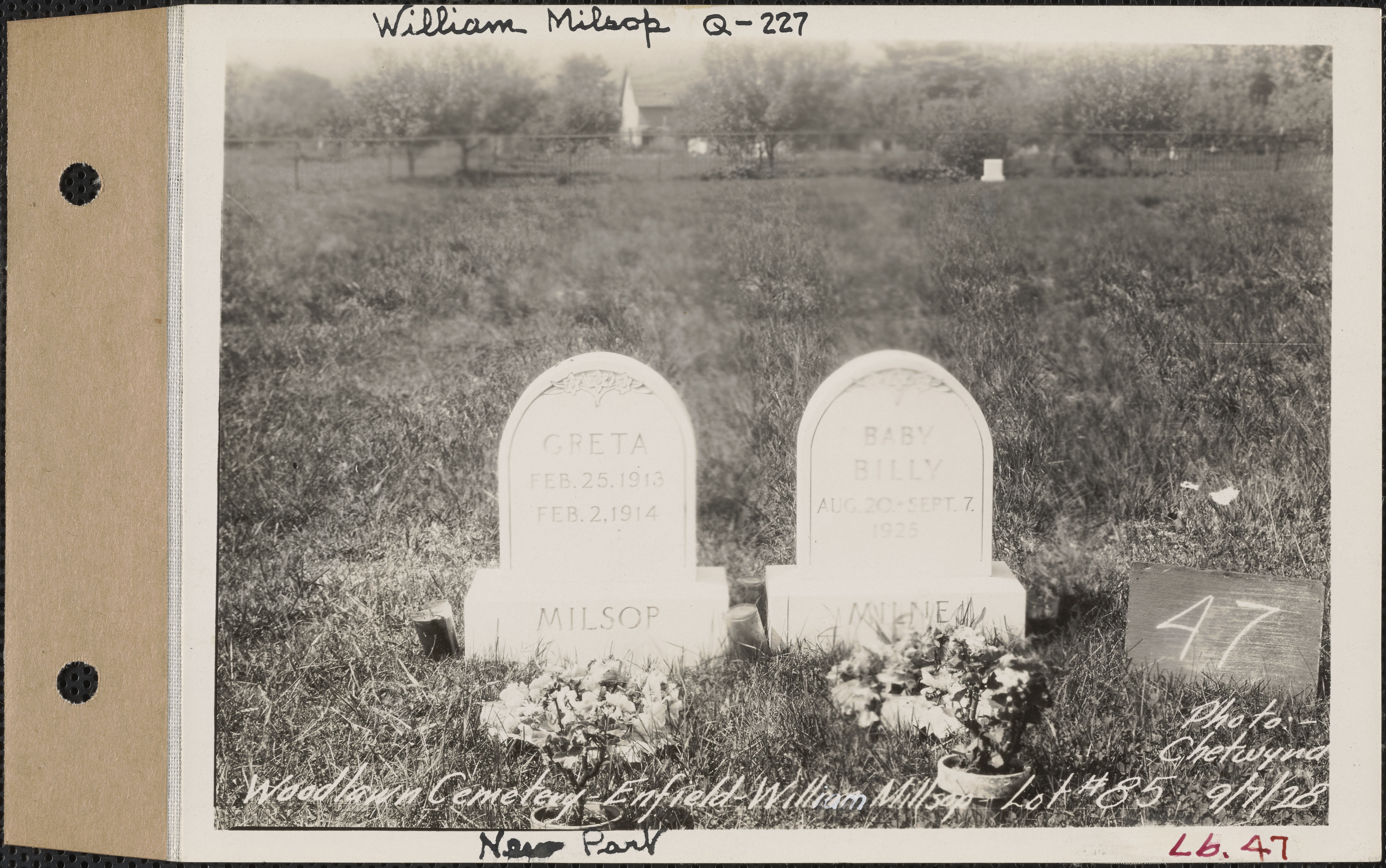 William Milsop, Woodlawn Cemetery, New Section, Lot 85, Enfield, Mass., Sept. 7, 1928: William Milsop, Q-227