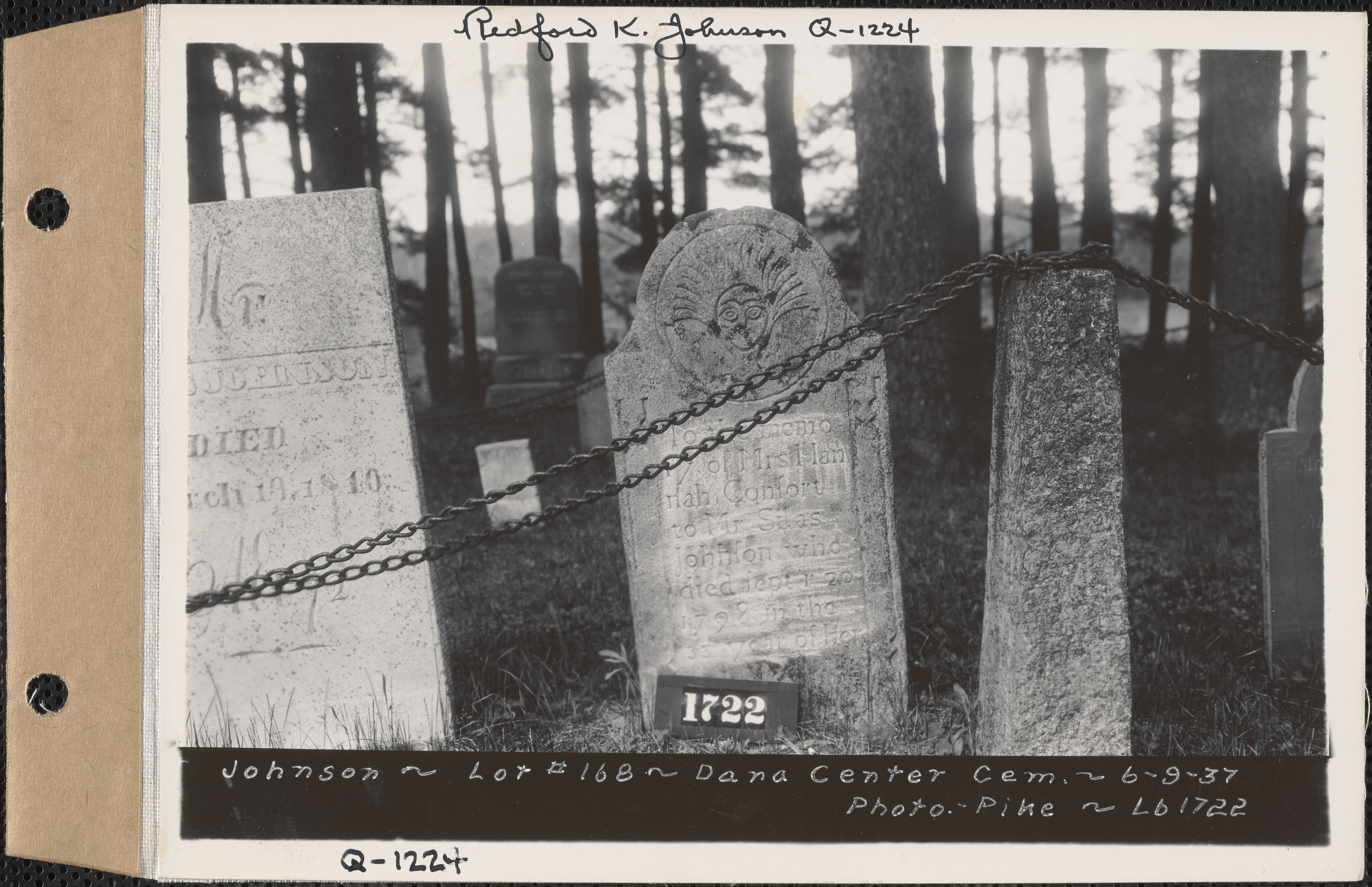 Johnson, Dana Center Cemetery, Lot 168, Dana, Mass., June 9, 1937: Redford K. Johnson, Q-1224