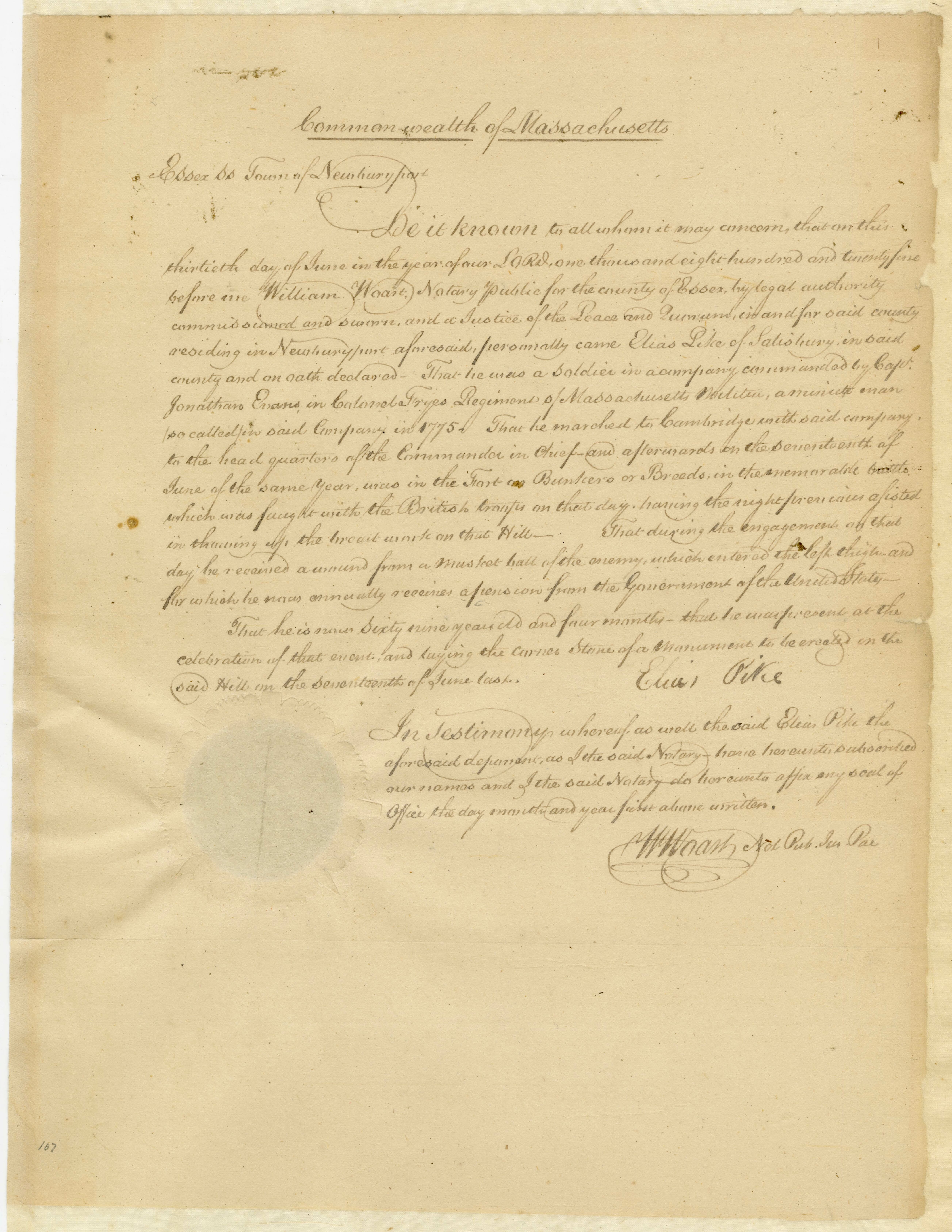 Testimony of Elias Pike of Newburyport that he attended the celebration of the battle, sworn before William Woast, Notary Public, June 30, 1825