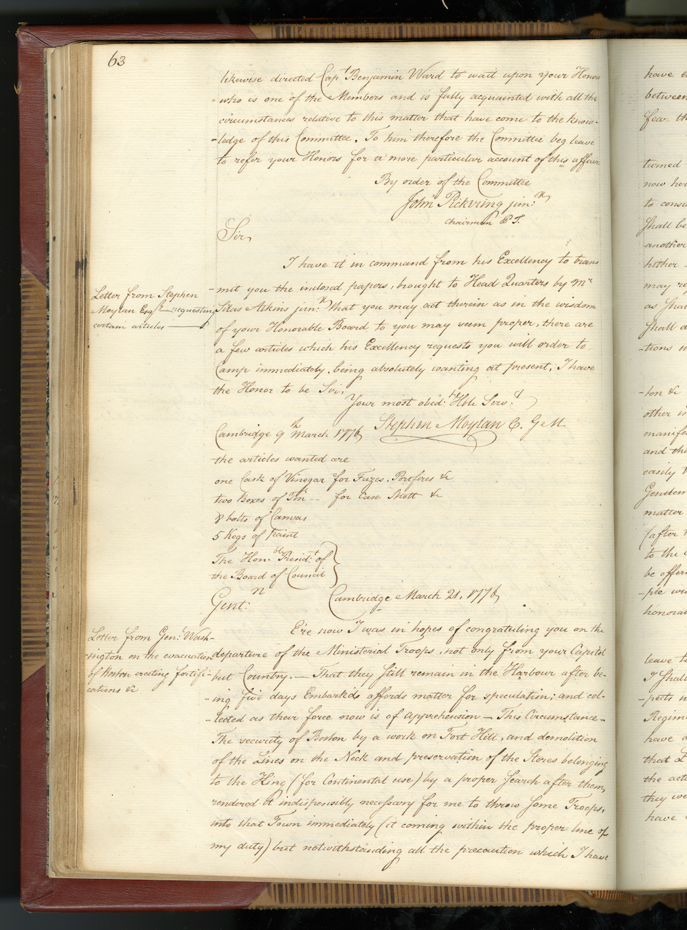 Letter to the Council from General Washington regarding the evacuation of Boston and fortifications, March 21, 1776
