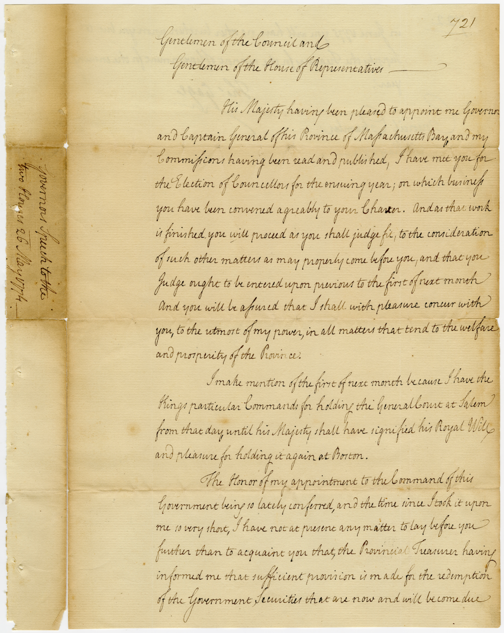 Speech by Governor Thomas Gage to the General Court upon his arrival in Massachusetts, May 26, 1774