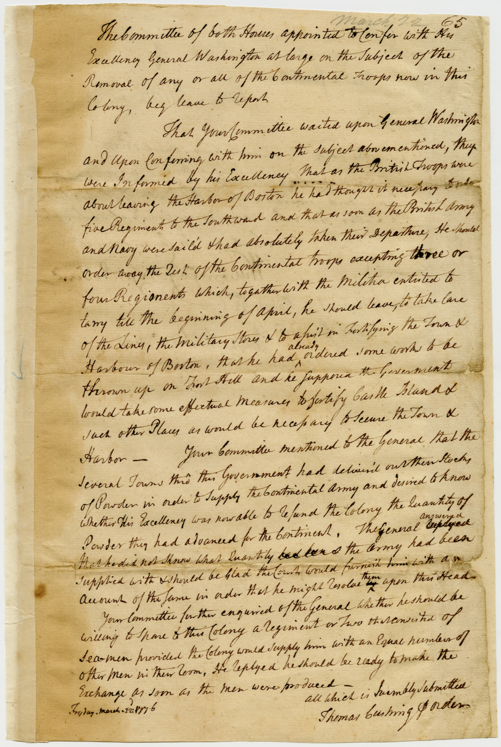 Report of Committee conferring with General Washington regarding the removal of Continental troops from Boston after the withdrawal of the British, March 22, 1776