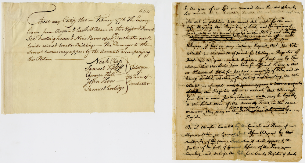 Certificates of the Selectmen of Dorchester reporting property destroyed by British forces, February 1776