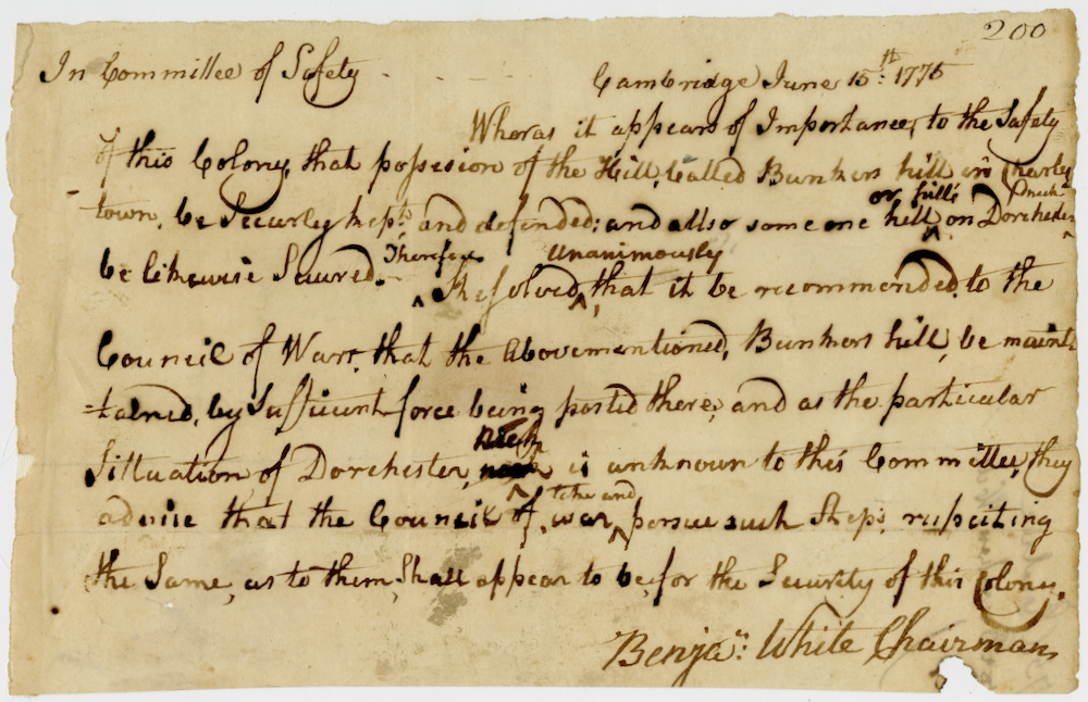 Resolve of the Committee of Safety to fortify Bunker Hill and Dorchester Heights, June 15, 1775