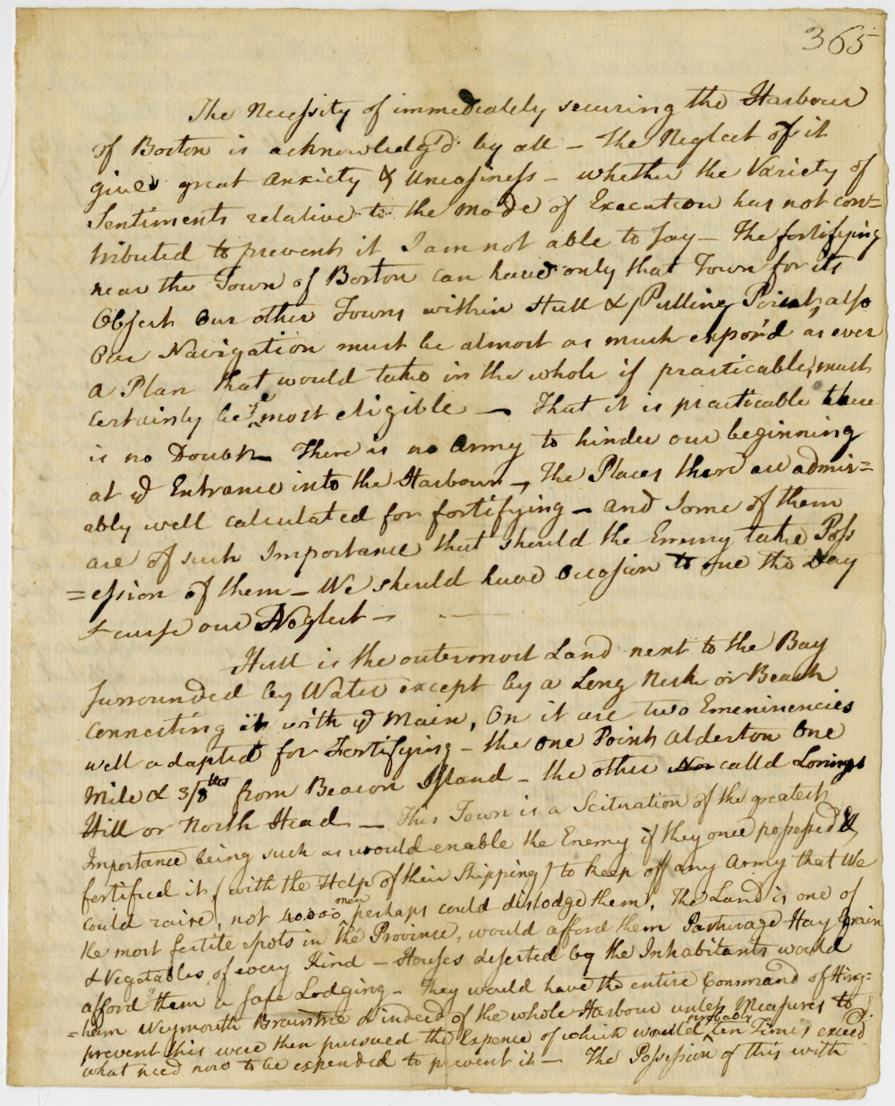 Report on the importance of fortifying Hull and Boston Harbor due to their exposed conditions, January 1776