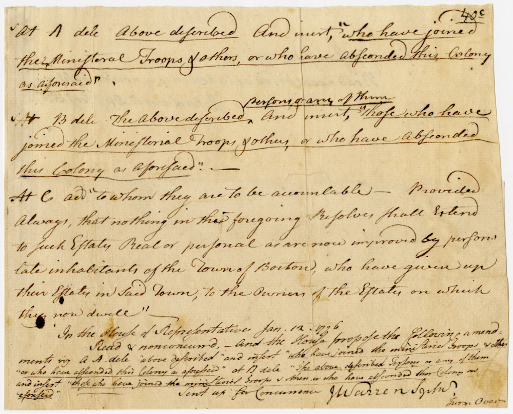 Resolve of Council to arrest Royalists in Boston who joined the British troops or endeavored to 'further the measures of the British administration for enslaving the united American colonies,' January 1776