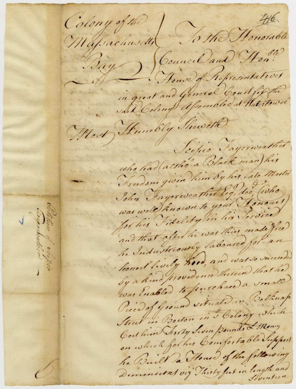 Petition of Scipio Fayerweather, a Black man whose house in Boston was destroyed by the British, submitted April 27, 1776