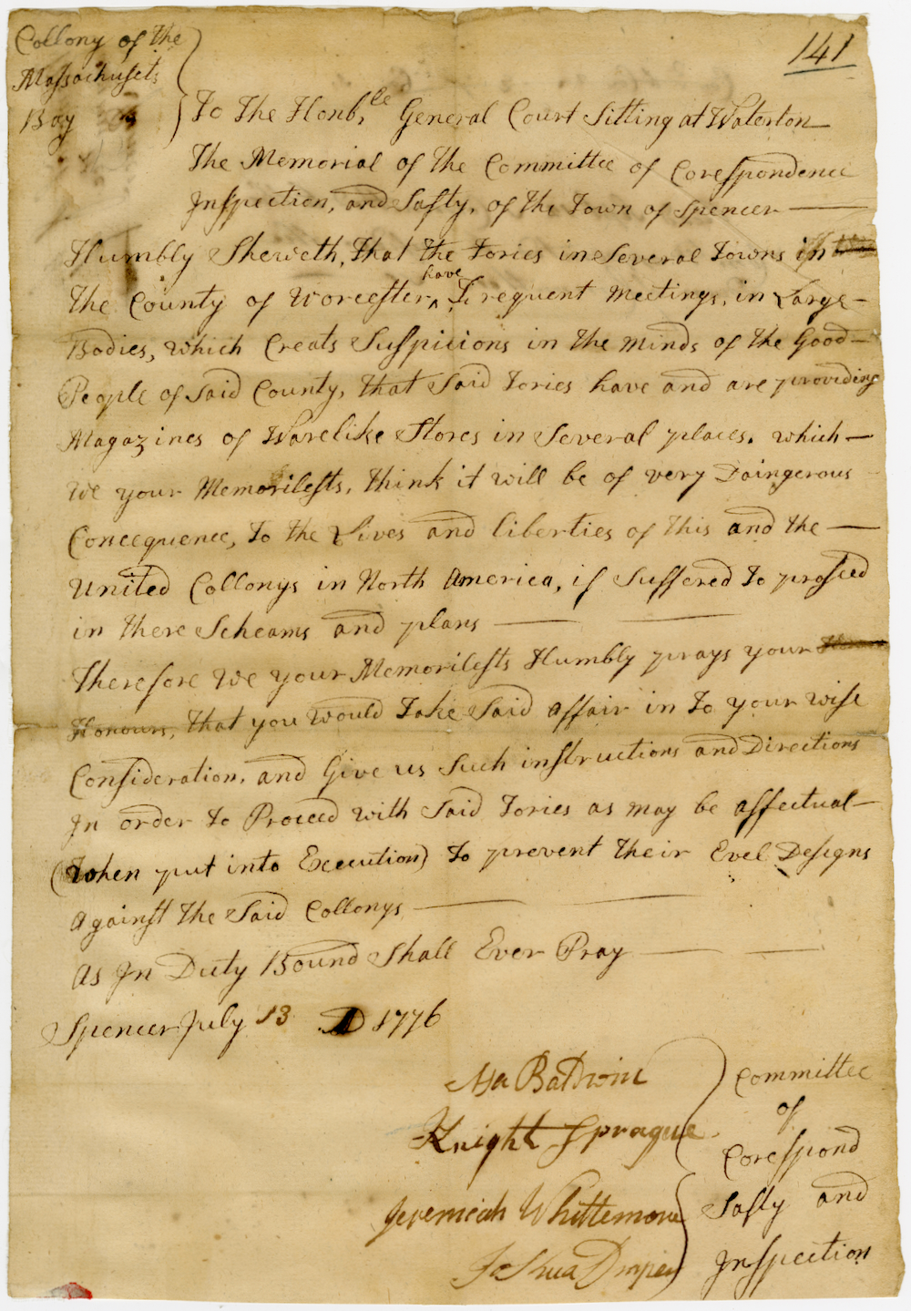 Petition of the Committee of Spencer reporting suspicious meetings of Tories, and requesting instructions 'to prevent their Evil Designs,' July 13, 1776