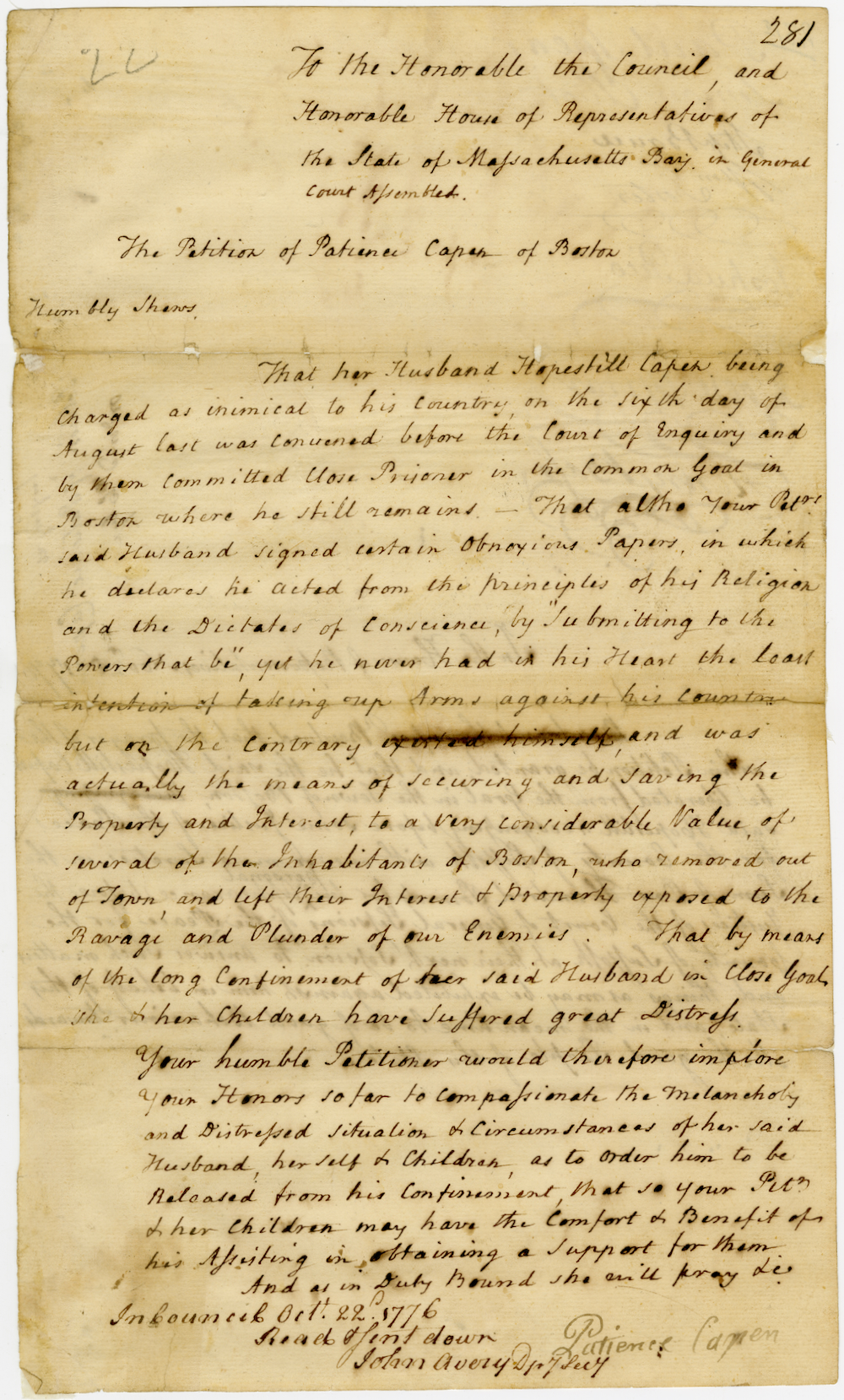 Printed memorial by Hopestill Capen, a Tory prisoner in Boston, stating that he was acting on the principles of his religion and conscience, August 29, 1776