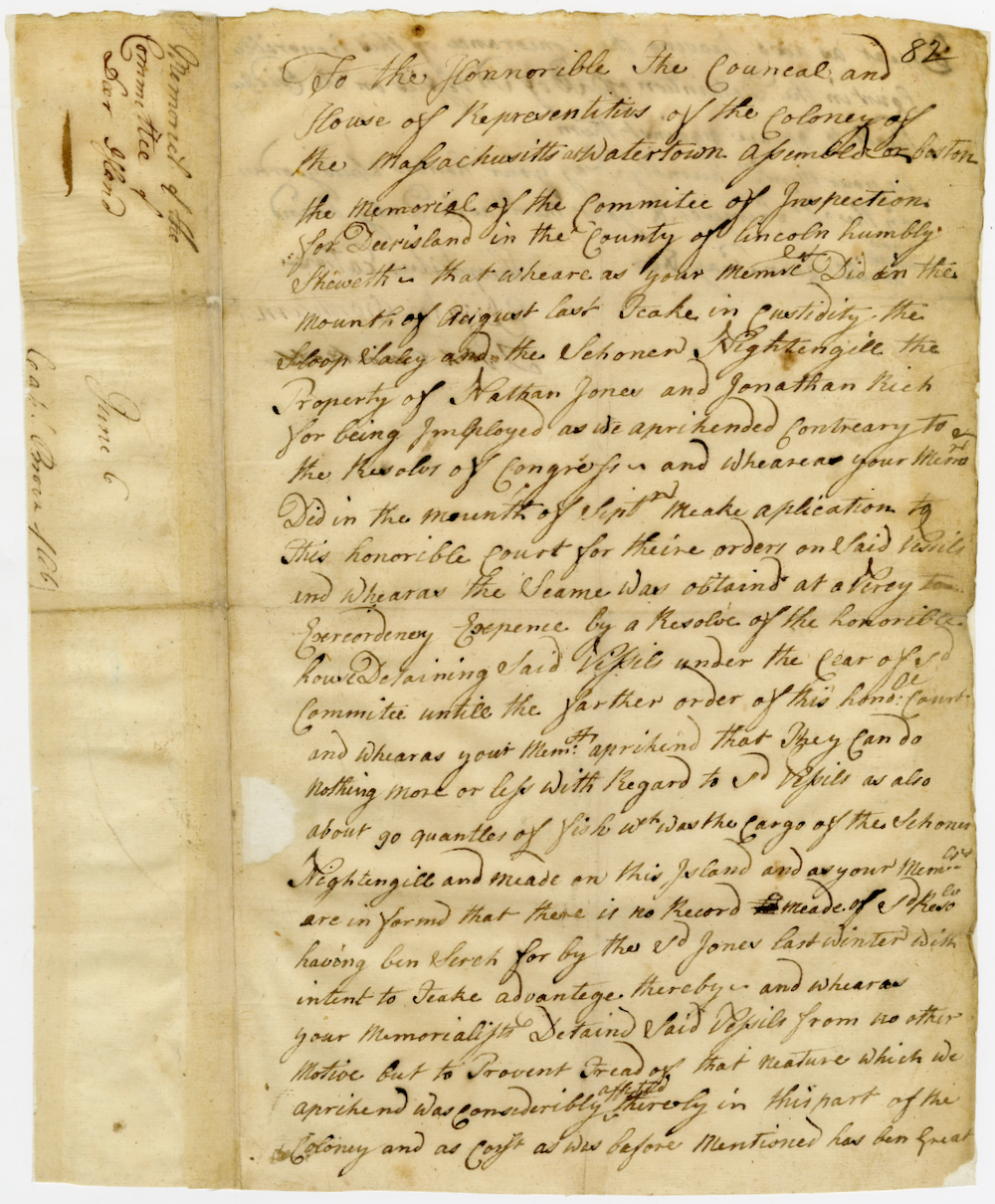 Petition of the Committee of Deer Island, Maine for instructions regarding captured vessels, and accompanying resolve directing them to detain the ships, June 6, 1776