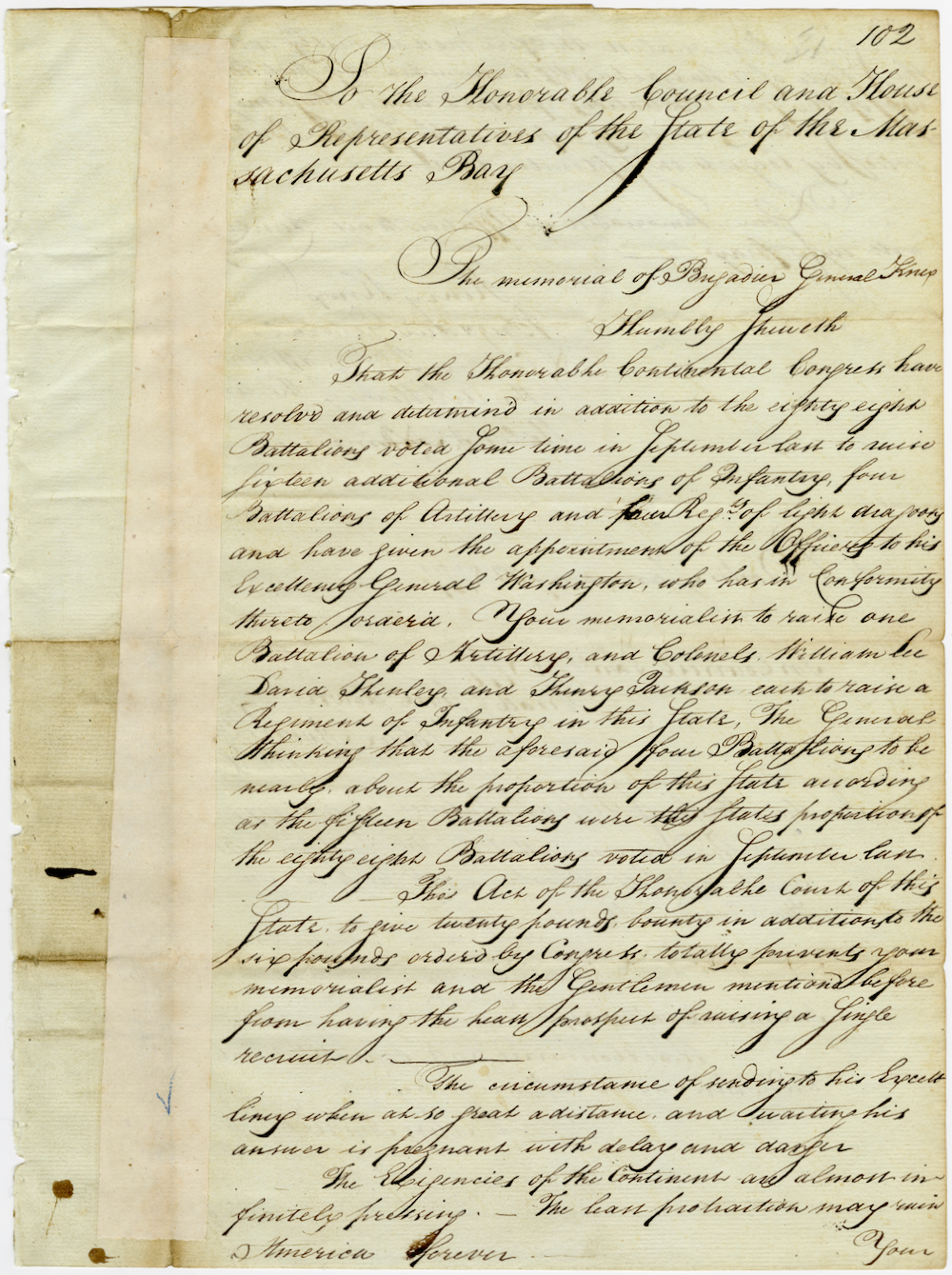 Memorial of Gen. Henry Knox to the Council that the Continental Congress had ordered 16 new Continental battalions, with increase of bounty, January 31, 1777