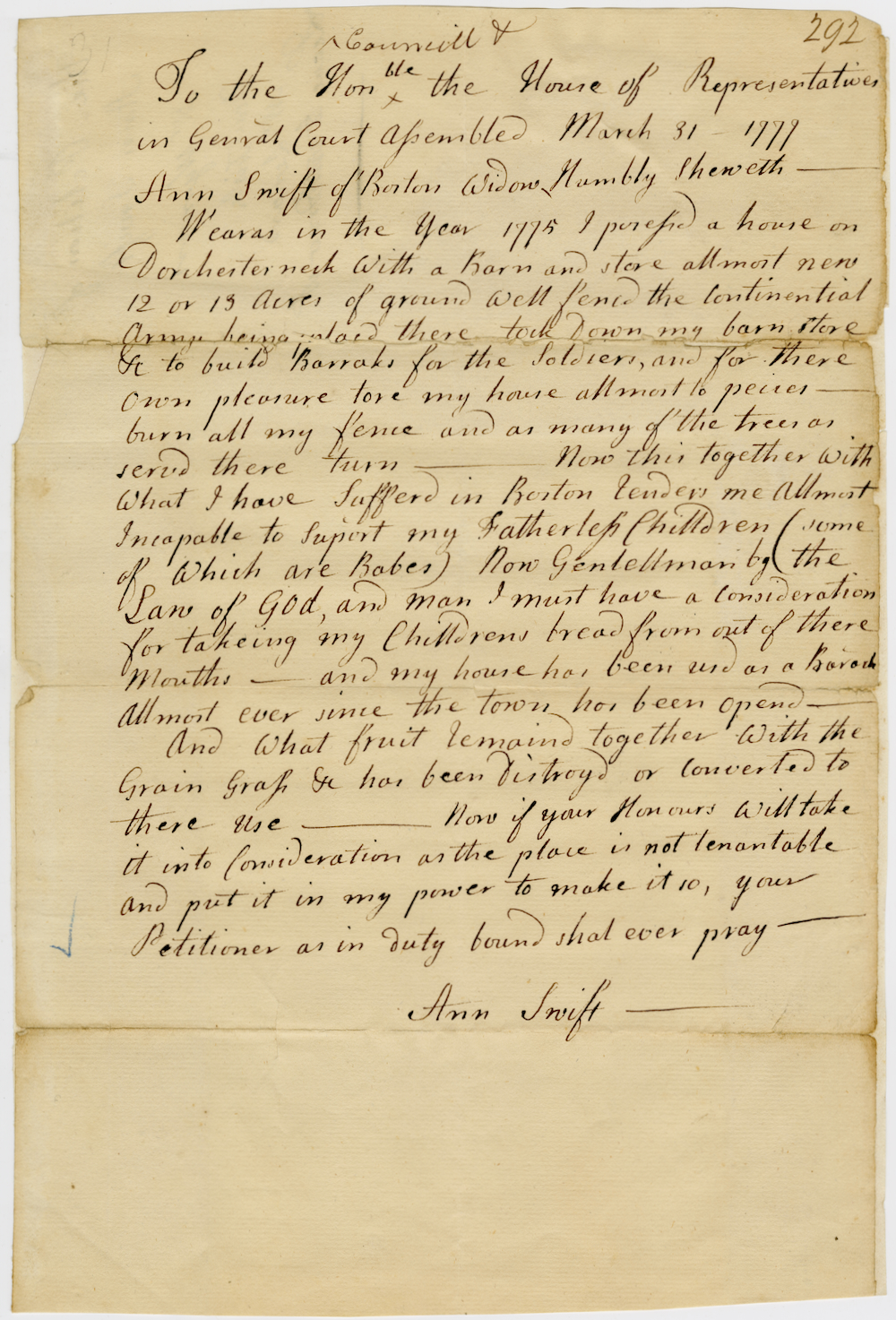 Petition of Ann Swift requesting pay for damage done to her house in Dorchester by the Continental Army in 1775, submitted March 31, 1777