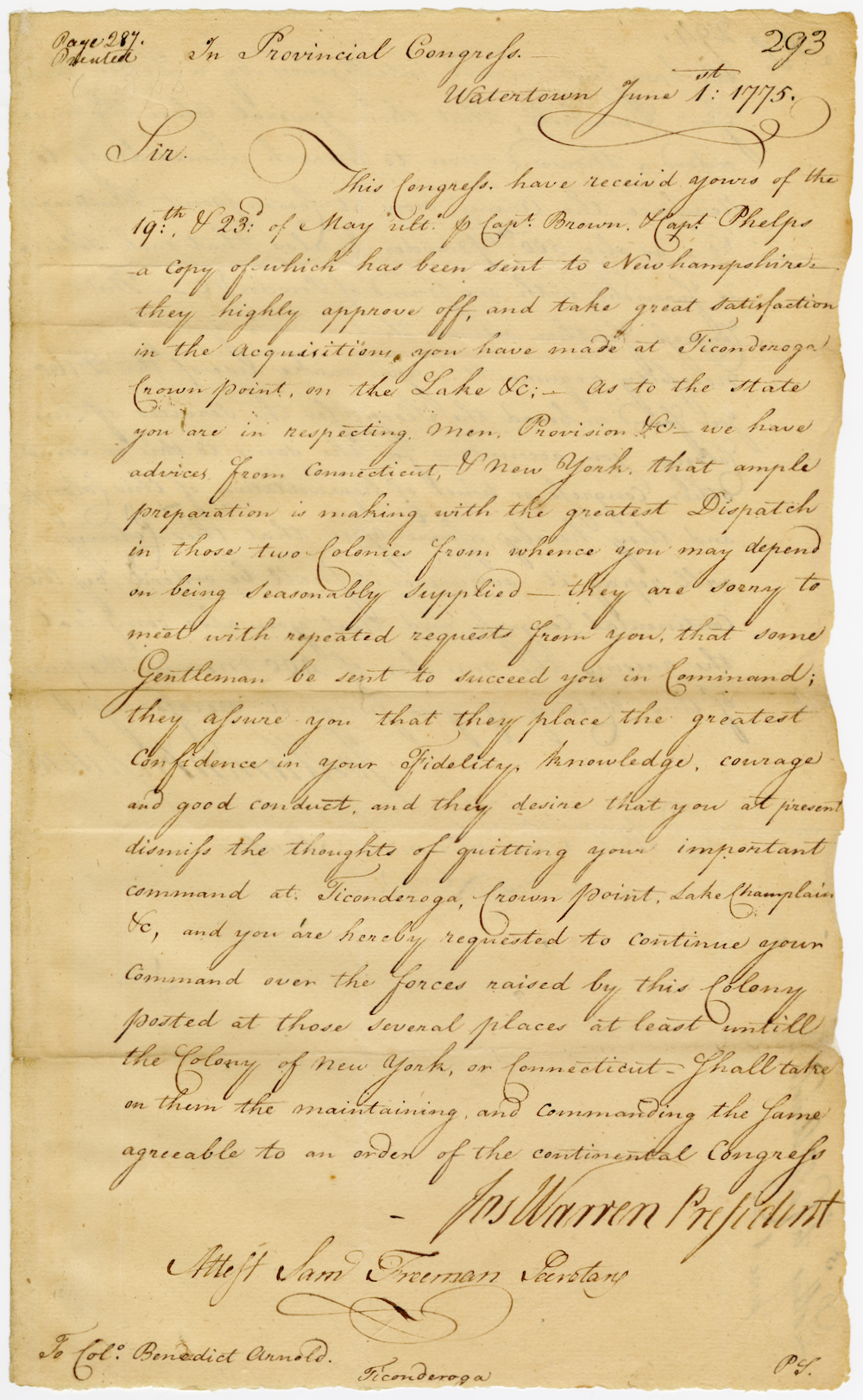 Letter to Benedict Arnold at Ticonderoga from Joseph Warren notifying him of reinforcements sent by Connecticut and New York, June 1, 1775