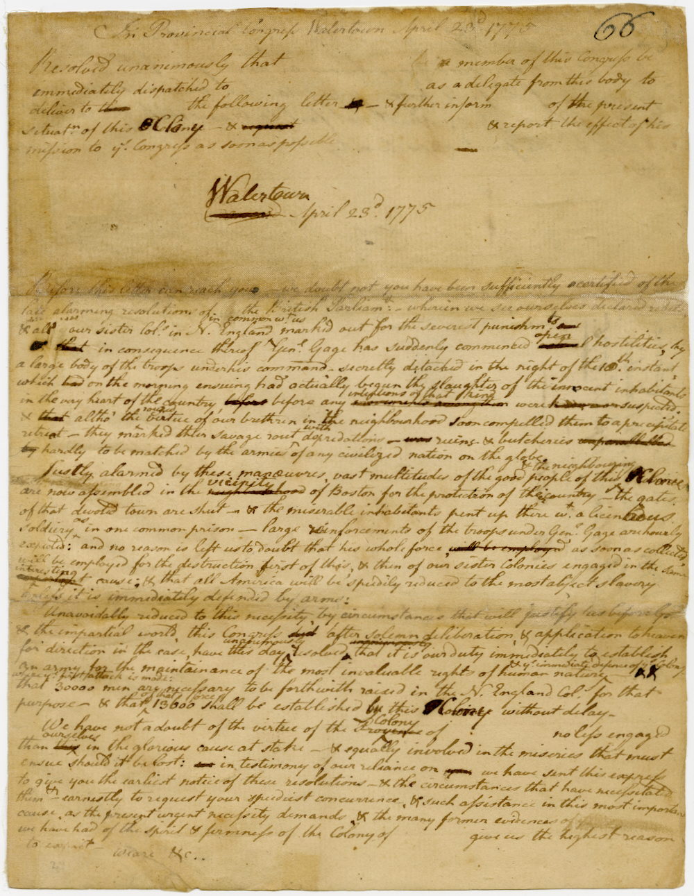 Draft of a letter of resolve to be sent to neighboring colonies of Connecticut, New Hampshire, and Rhode Island, April 23, 1775