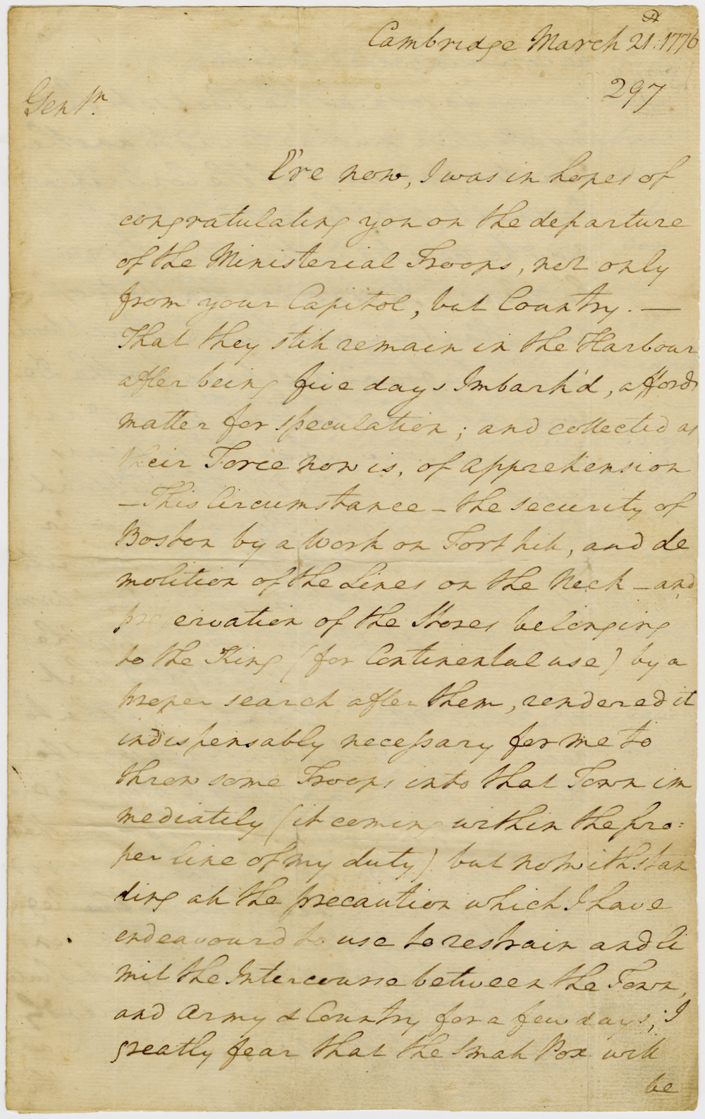 Letter from George Washington concerning the defense of Boston Harbor, March 22, 1776