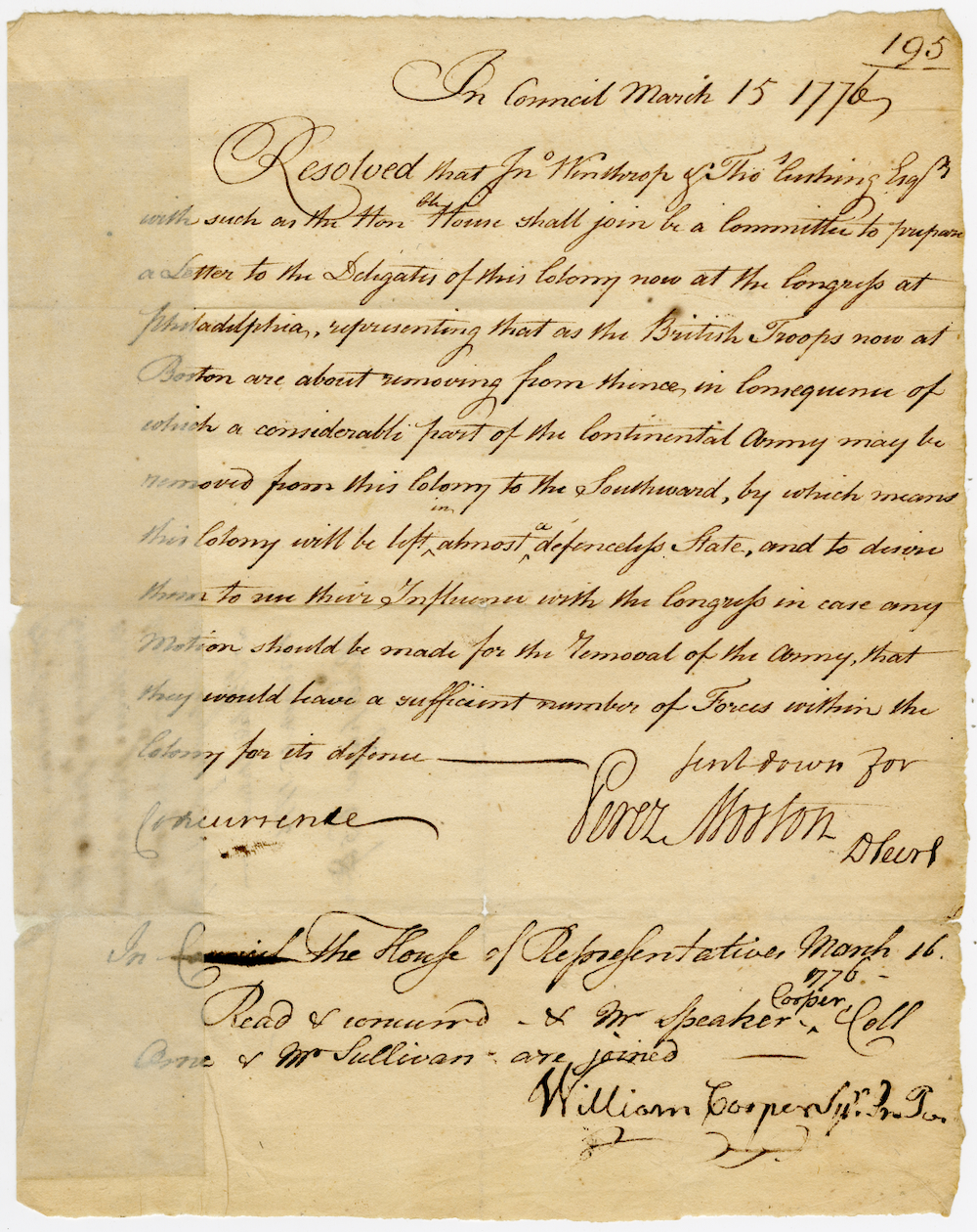 Resolve of Council that a Committee shall prepare a letter to Massachusetts delegates at Philadelphia, March 15, 1776