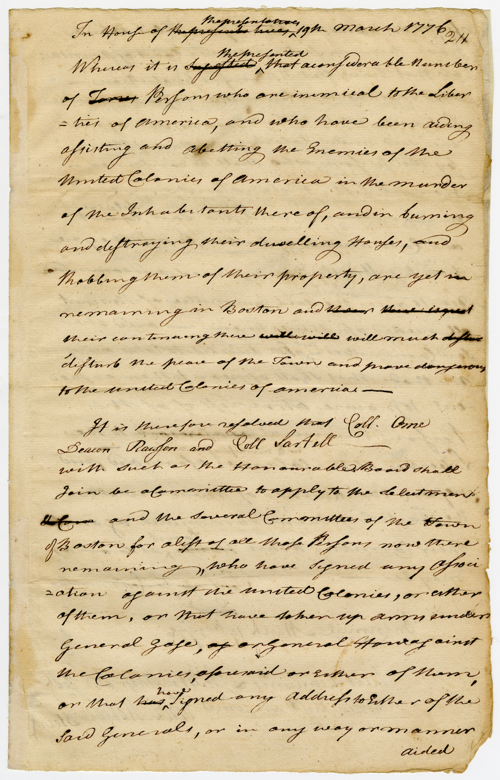 Resolve ordering the procurement of a list of Tories still in Boston, March 19, 1776