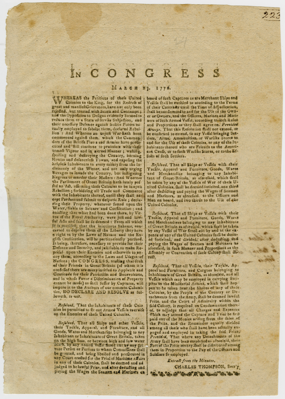 Printed resolve of Congress allowing for the capture of British vessels, March 23, 1776