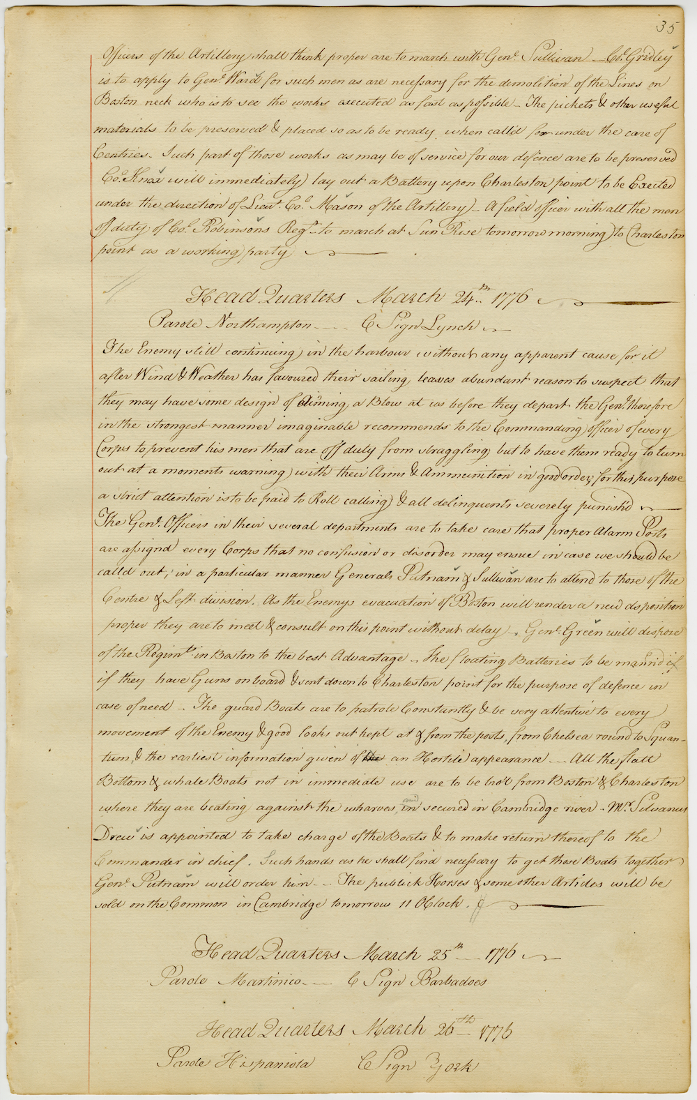 Daily proceedings of March 21-24, 1776, relating to Battle of Dorchester Heights