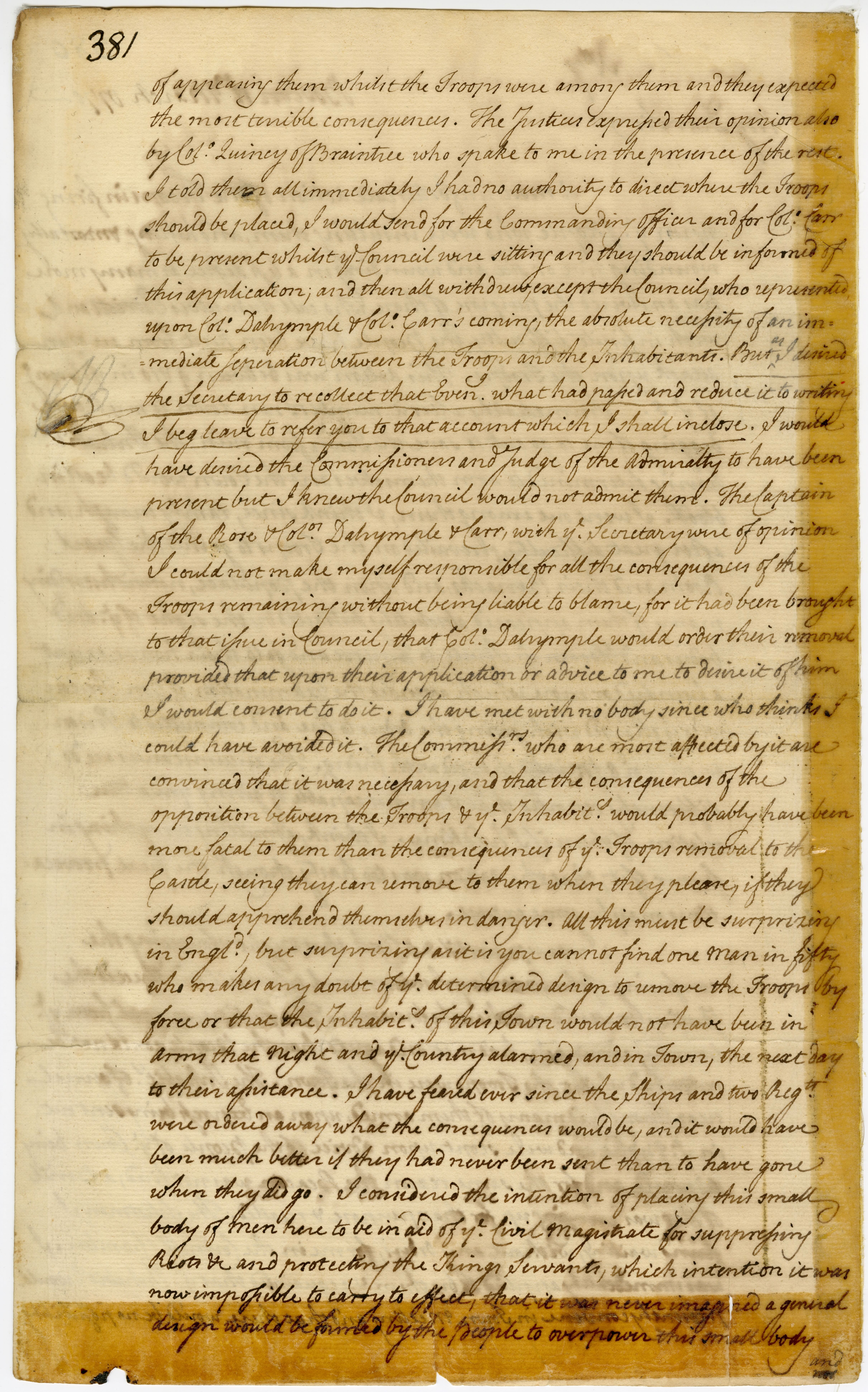 Letter from acting Massachusetts governor Thomas Hutchinson to Gov. Francis Bernard describing the Boston Massacre