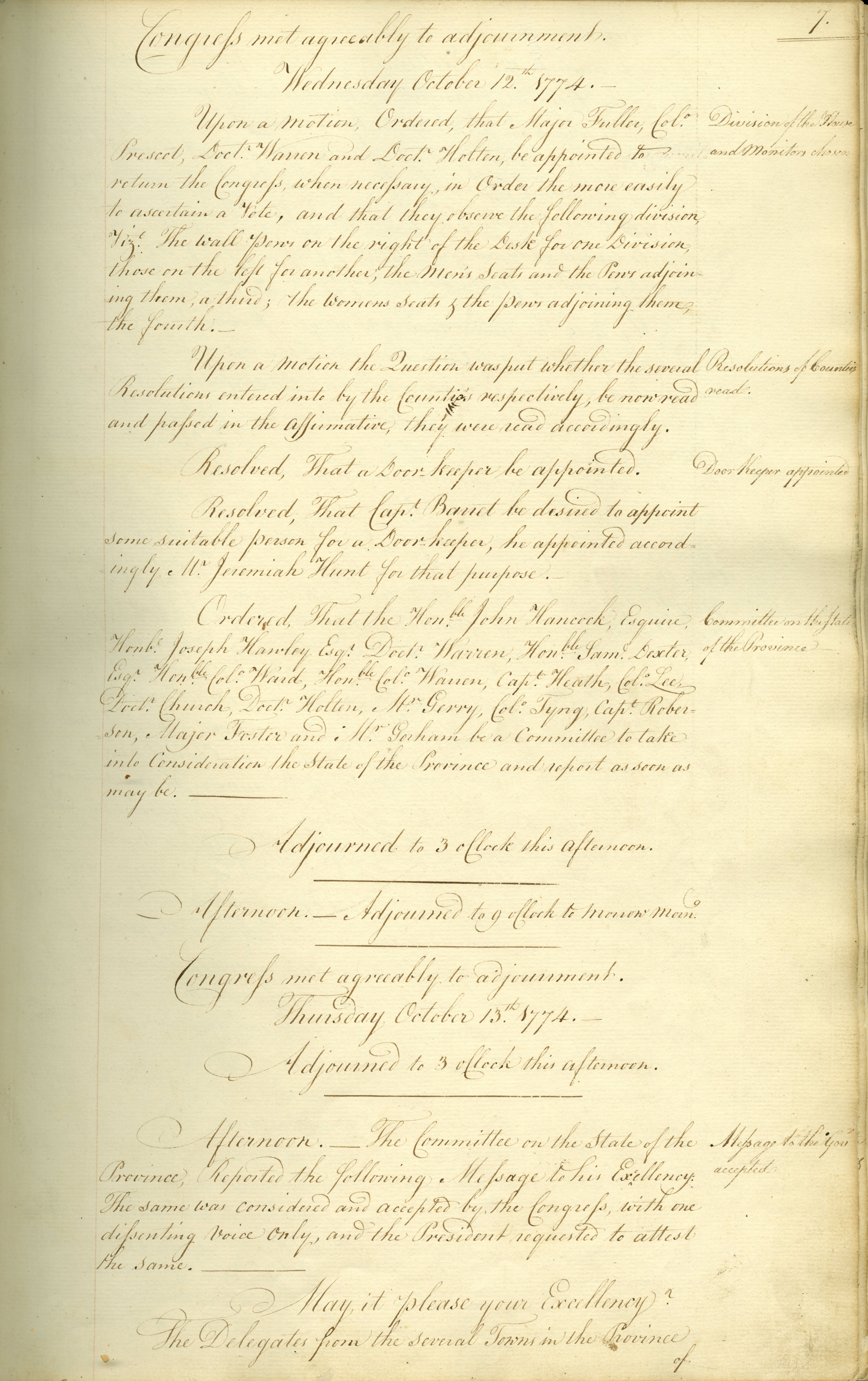 Letter to Gov. Thomas Gage from the Massachusetts Congress on the disastrous effects of the Intolerable Acts, asking him to reconsider