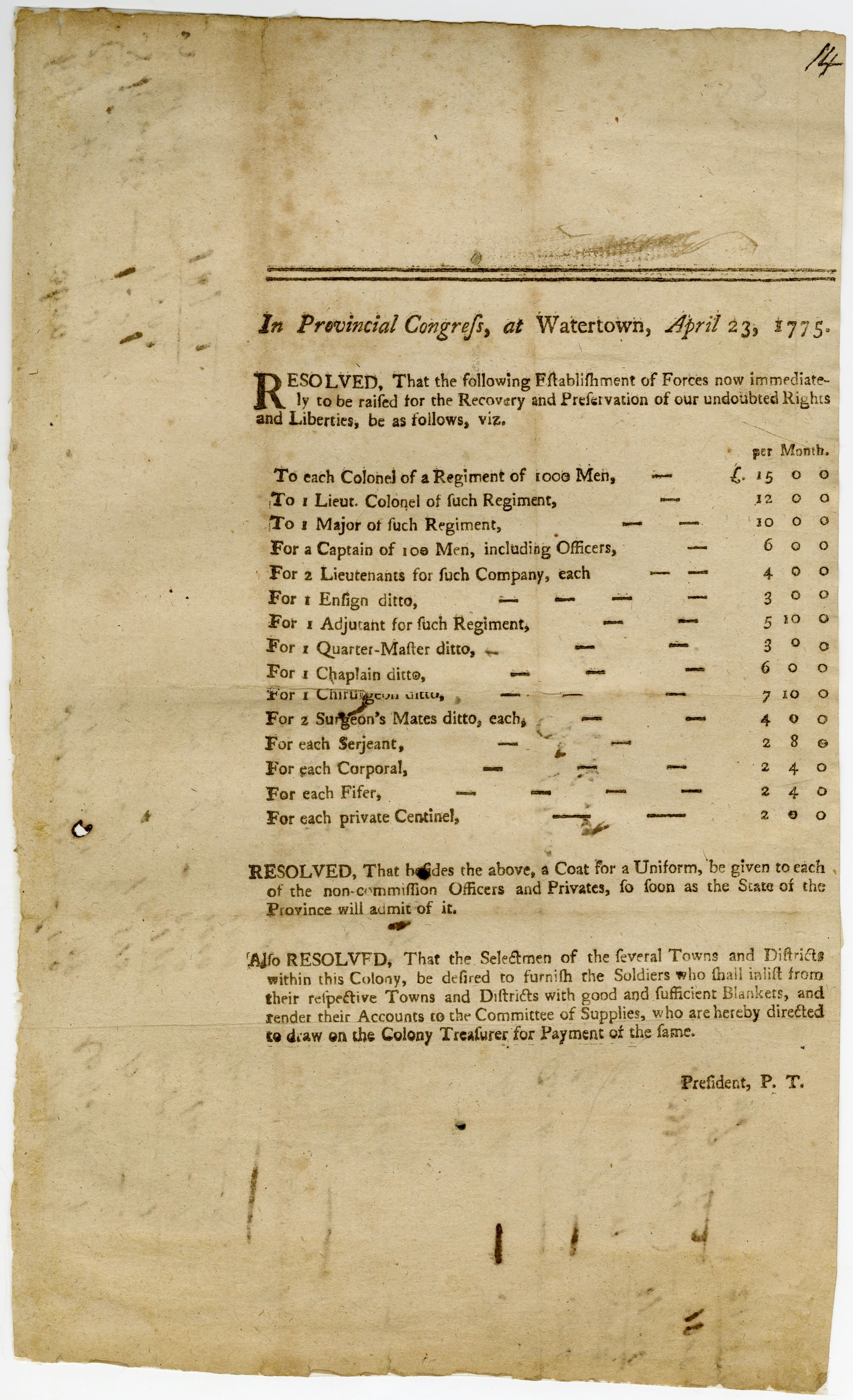 Resolve of the Massachusetts Provincial Congress establishing a pay scale for soldiers raised for the war