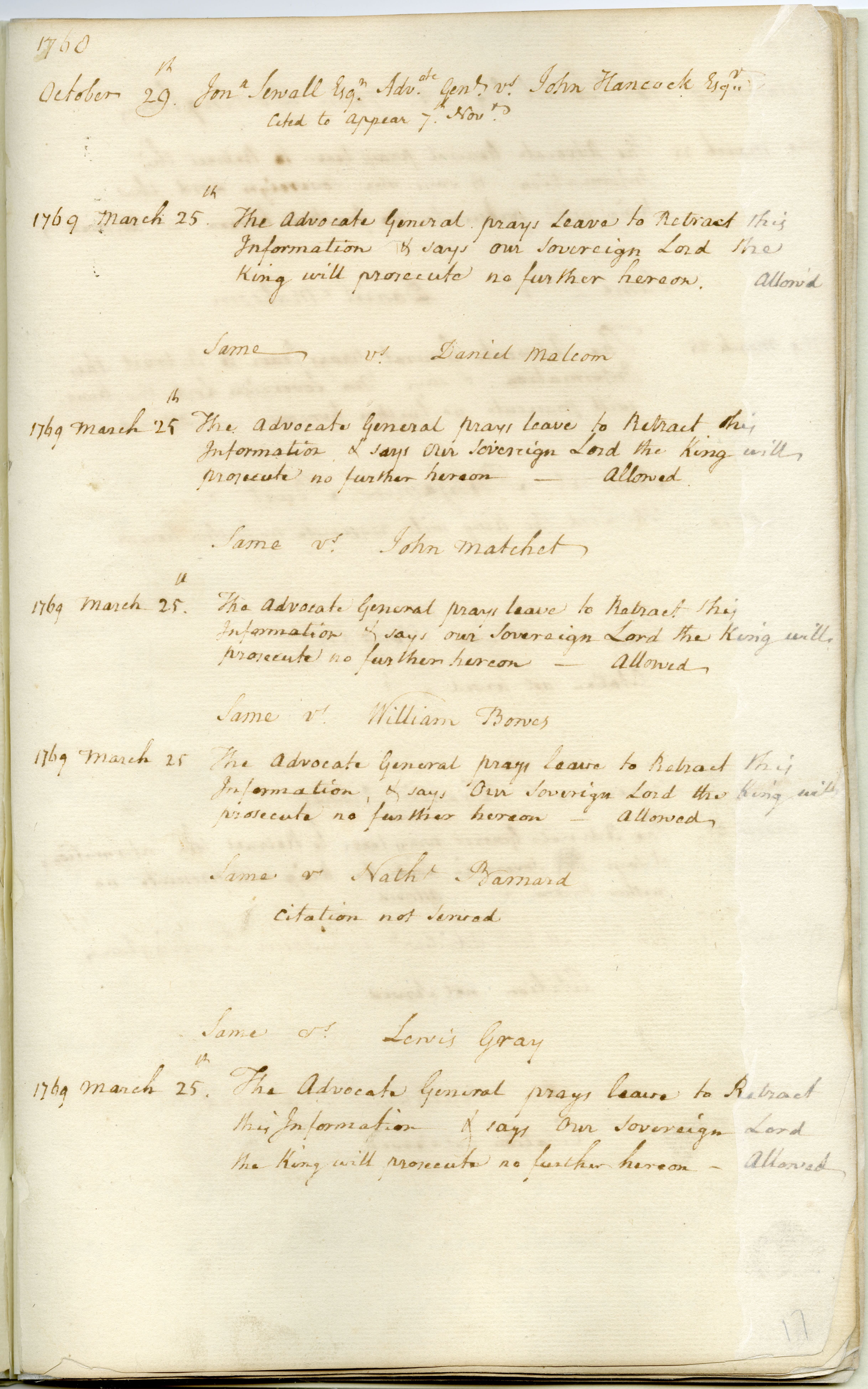 Docket entry for John Hancock, who had been sued by Advocate General Jonathan Sewall for the alleged smuggling of wine on Hancock's sloop, HMS Liberty