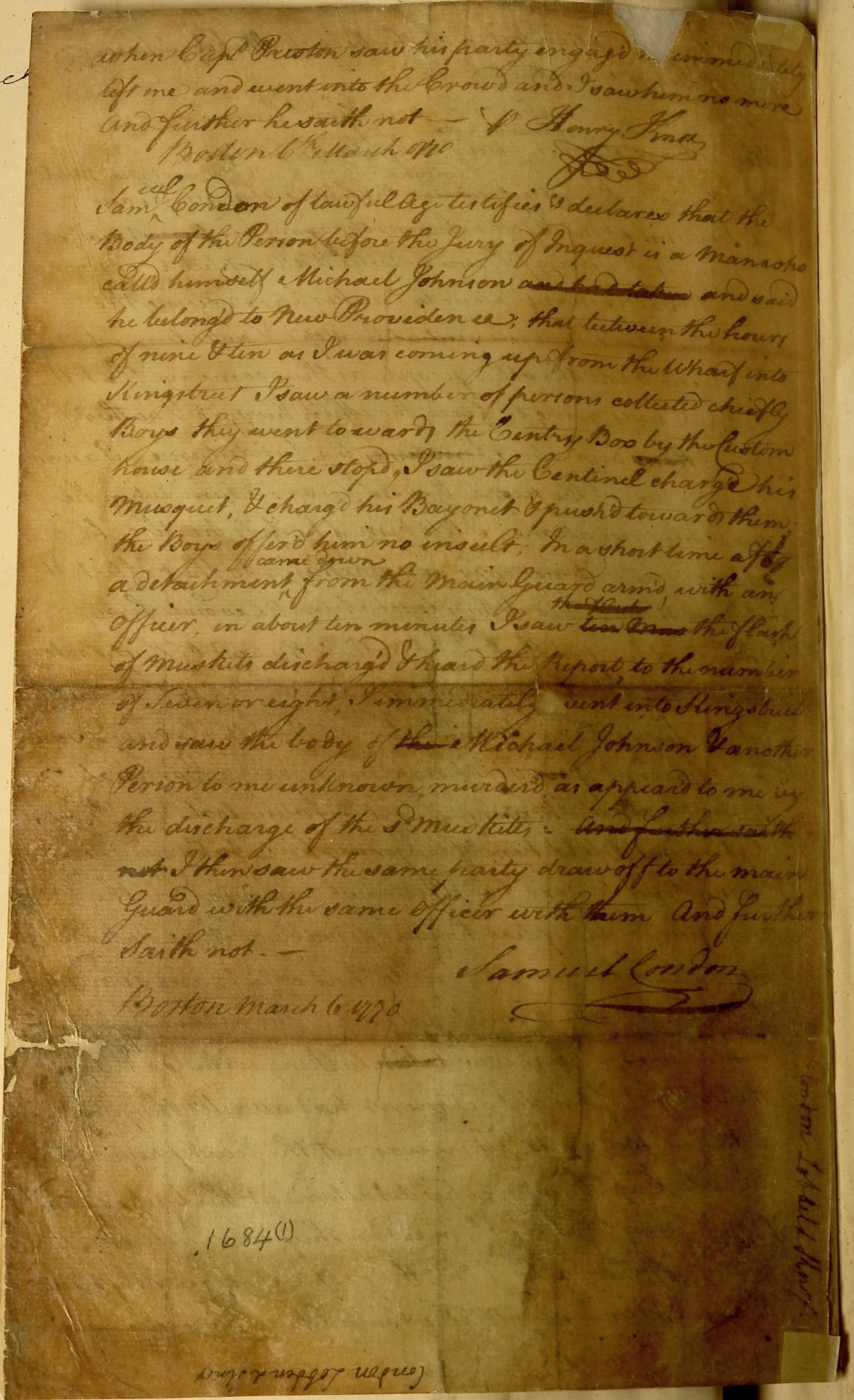 Inquest of Michael Johnson (alias for Crispus Attucks) after the Boston Massacre