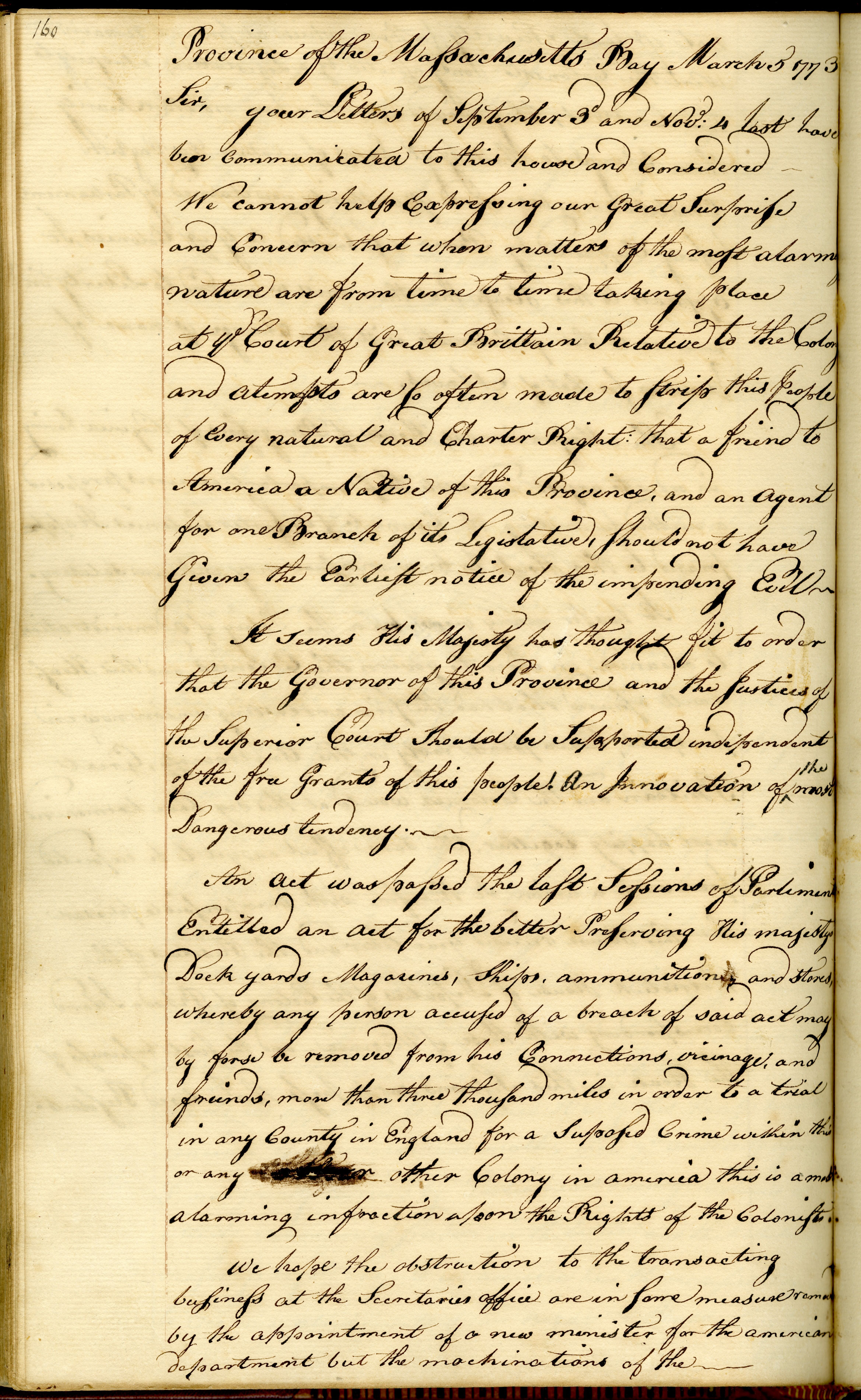 Letter from Benjamin Franklin regarding a Parliamentary act which allowed Great Britain to put people who committed crimes in the Colonies on trial in England