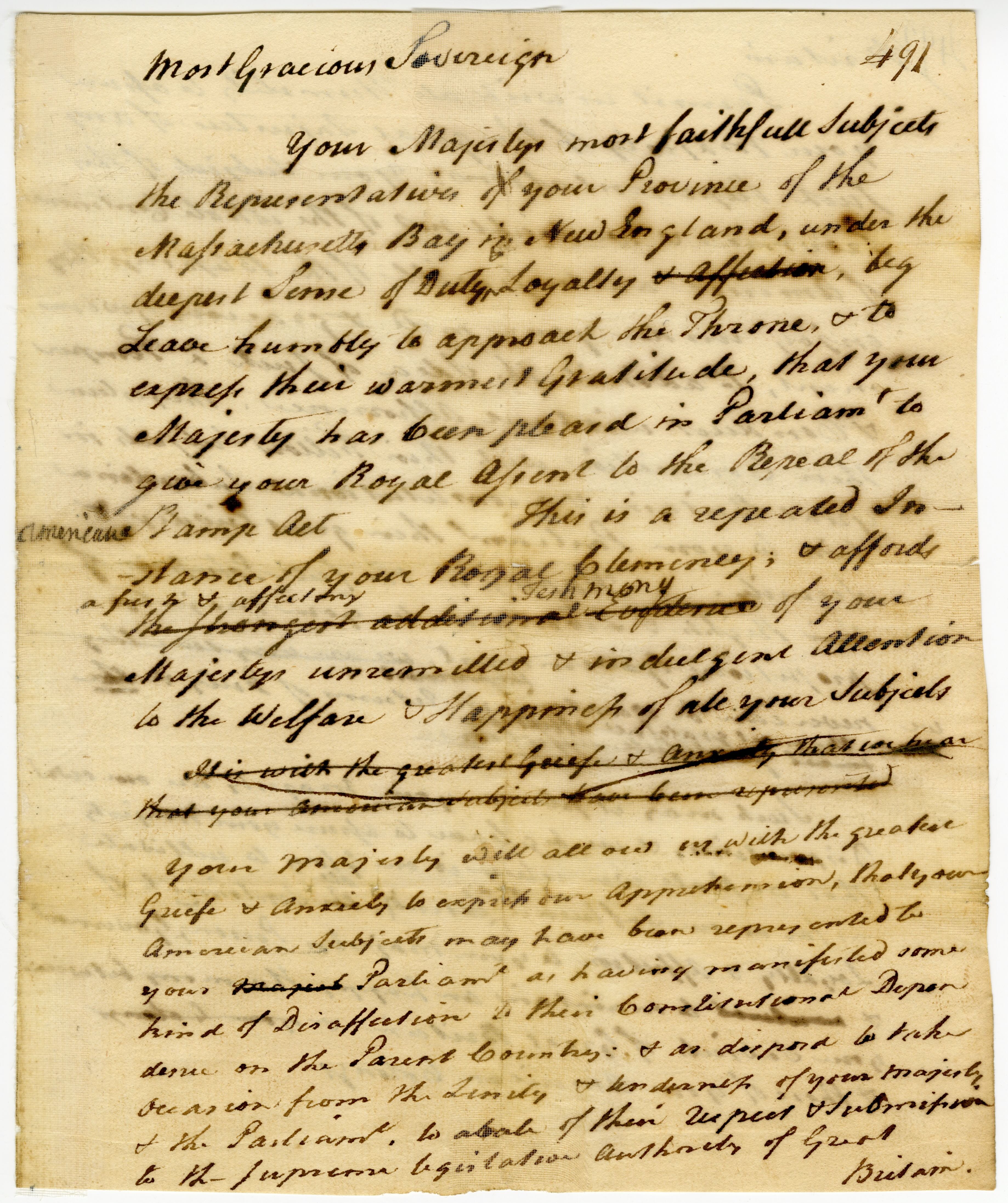 Address to the King, thanking him for assenting to the repeal of the Stamp Act, as well as expressing anxiety about the disaffection of the colonists towards Great Britain and re-affirming the loyalty of Massachusetts Bay colony to the King