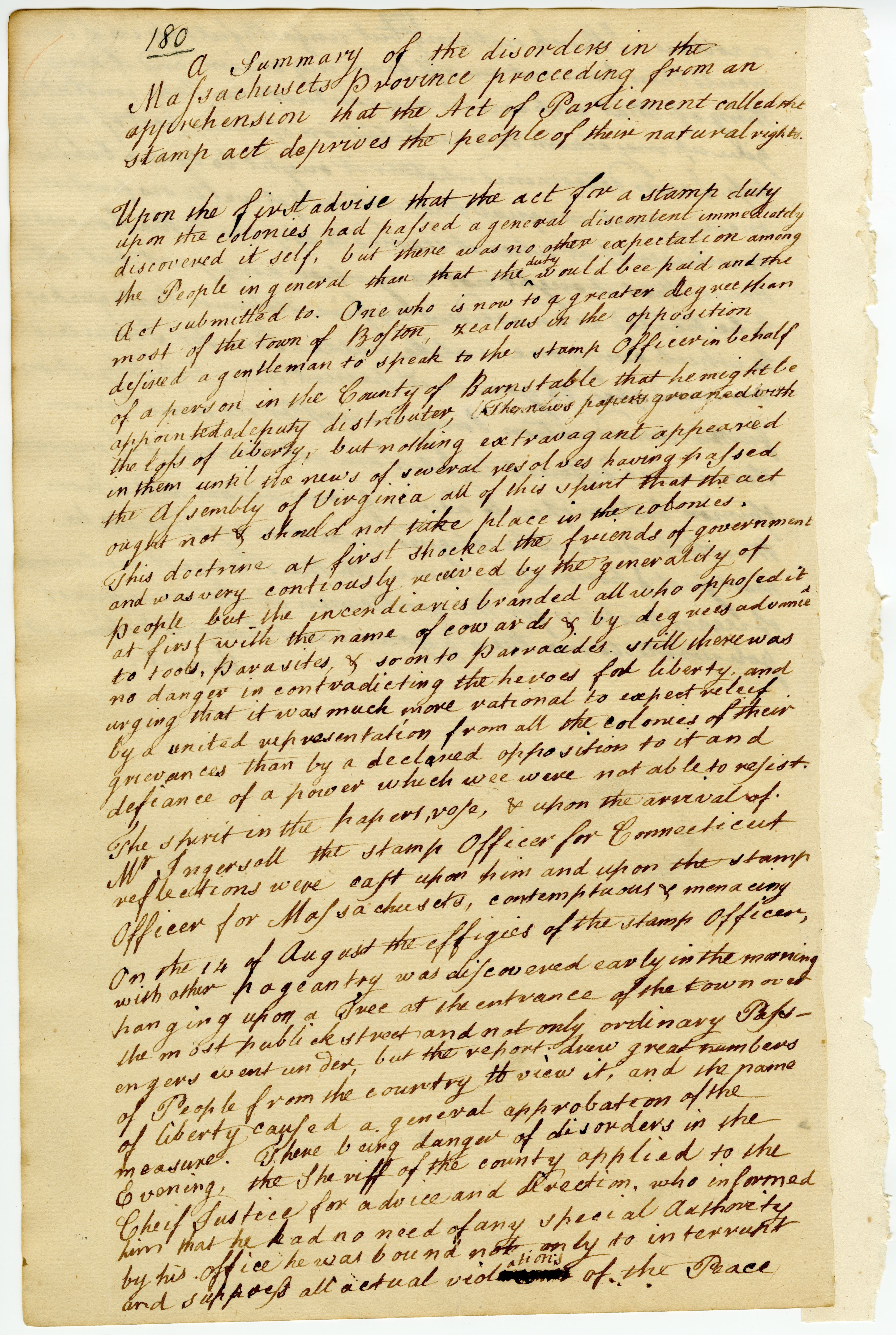 Letter summarizing the disorder in Massachusetts in connection with the Stamp Act